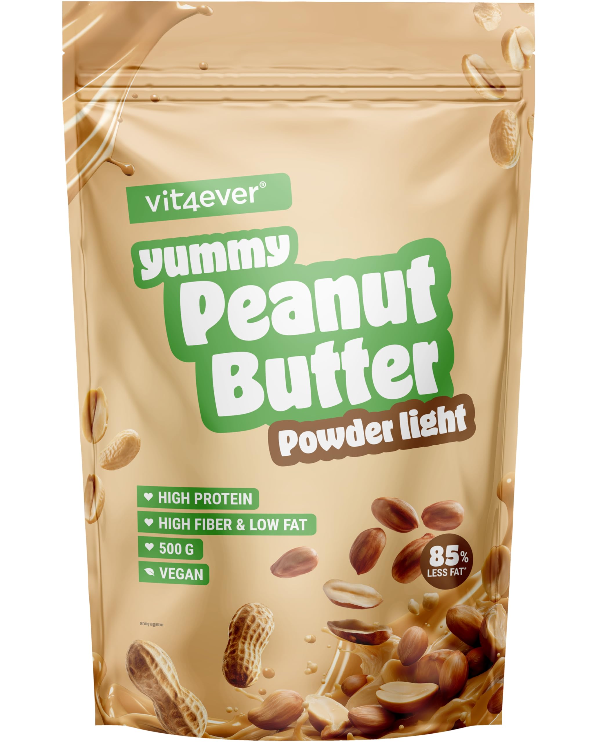 vit4ever Erdnussbutter light Pulver 500 g - Powdered Peanut Butter 85% weniger Fett, ohne Zucker - Peanutbutter Creme mit leckerem Geschmack