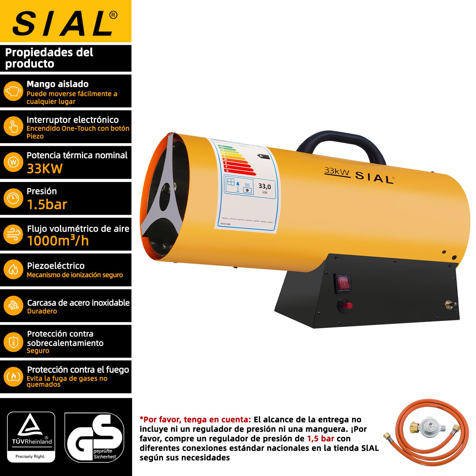 SIAL Calentador de Gas Portátil 33KW Alta Eficiencia, Protección contra Sobrecarga/Apagado, para Invernadero/Ganadería/Industrial, Interruptor Mecánico