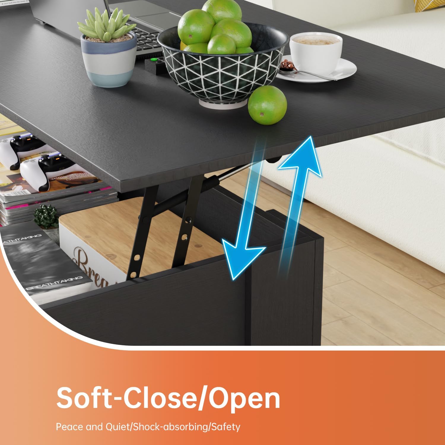 FDW 47" Lift Top Coffee Table with Hidden Large Storage Shelf and Compartment Lifted Wooden Dining Table for Living Room Home Office,Black