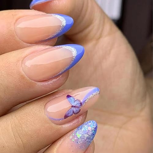 Uñas postizas de almendra, uñas acrílicas de cobertura completa con diseños de mariposas, manicura francesa, color piel, brillante, para mujer