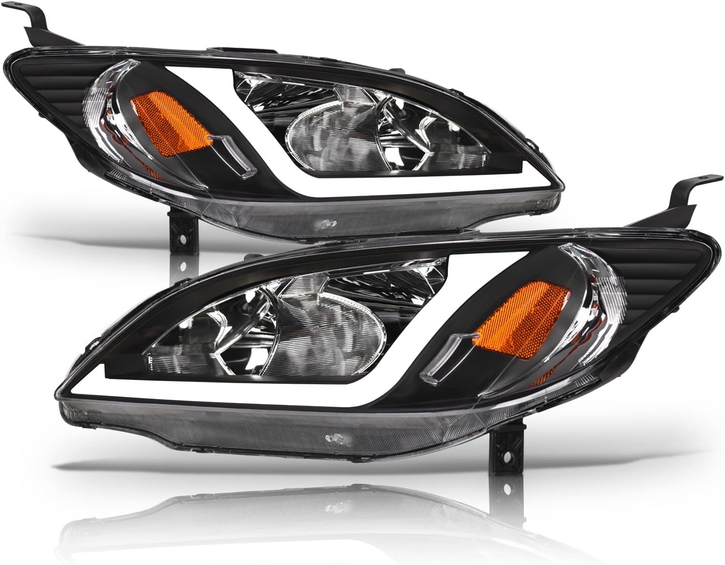 Alpha Owls 8711958 Crystal Headlights With White LED Light Bar - Black Amber Fits 2004-2005 Honda Civic 4 Door Sedan / 2 Door Coupe