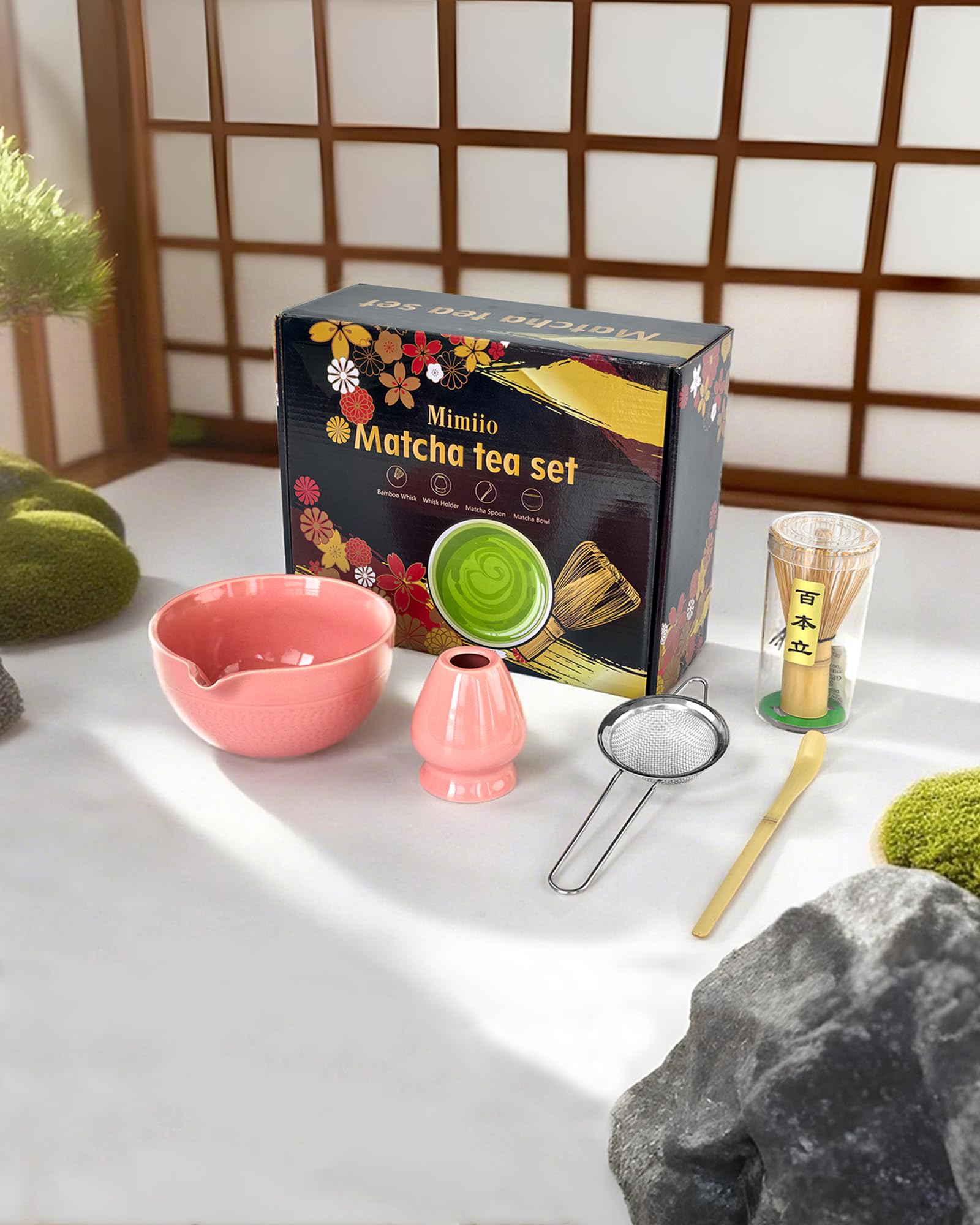 Rosa Matcha Kit con Frusta, 5 Pezzi Macha Tea Kit, Completo Matcha Whisk Set con pink matcha ciotola con beccuccio, frustino bambù(chasen), supporto, setaccio, cucchiaio, Giapponese Matcha Polvere Kit