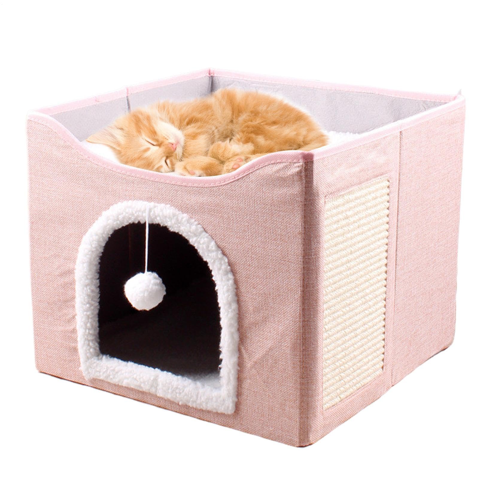 Grotta per gatti – Grande cuccia pieghevole per gatti, tenda per dormire, cubo per animali domestici con palla di peluche e cuscinetto antigraffio, per animali domestici