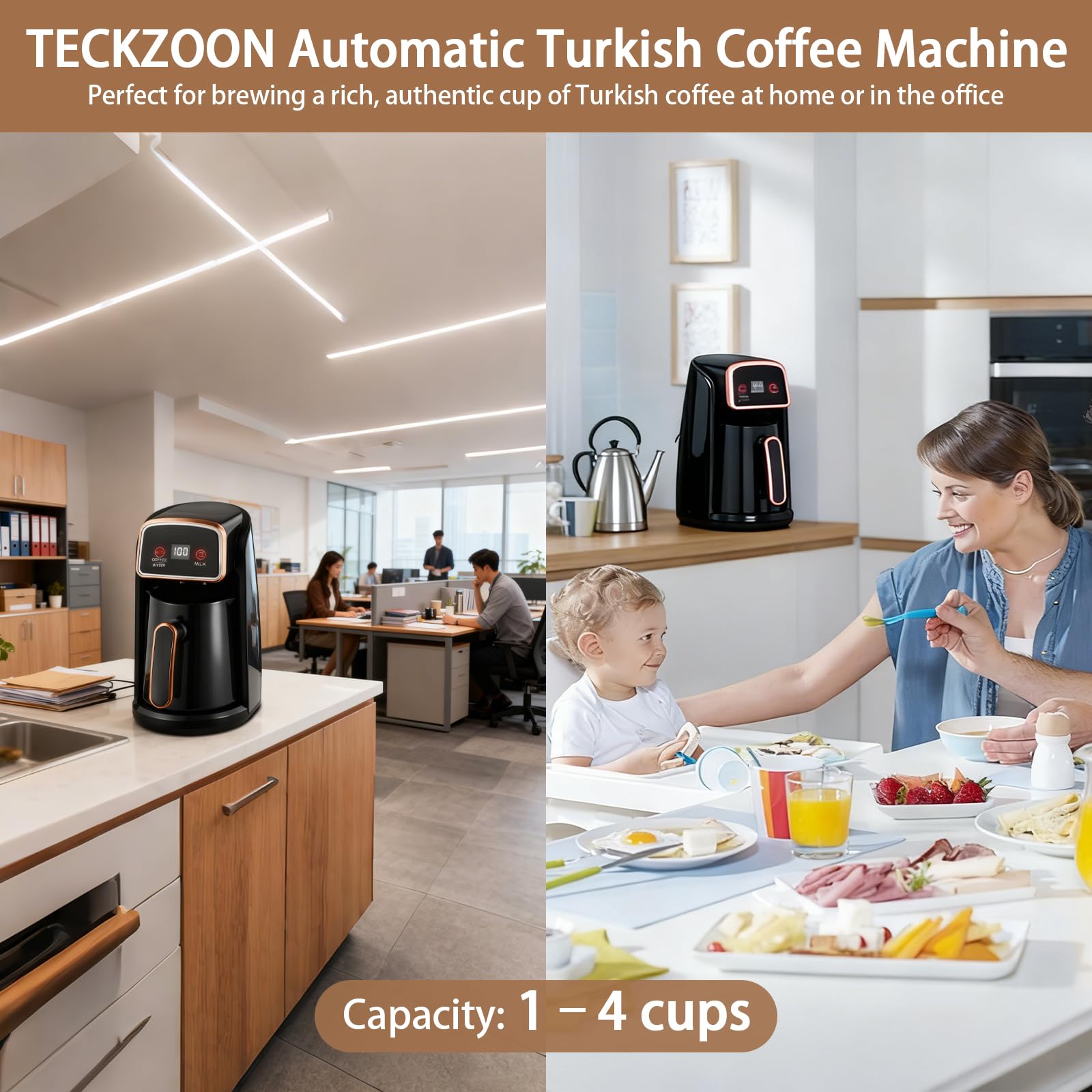 Automatische Elektrische Türkische Kaffeemaschine, 600W Kaffeepott mit Dual-Heizsystem, Smart Bedienung für Kaffee, Wasser & Milch, 300ml Kapazität für 4 Tassen, Anti Trockenlauf