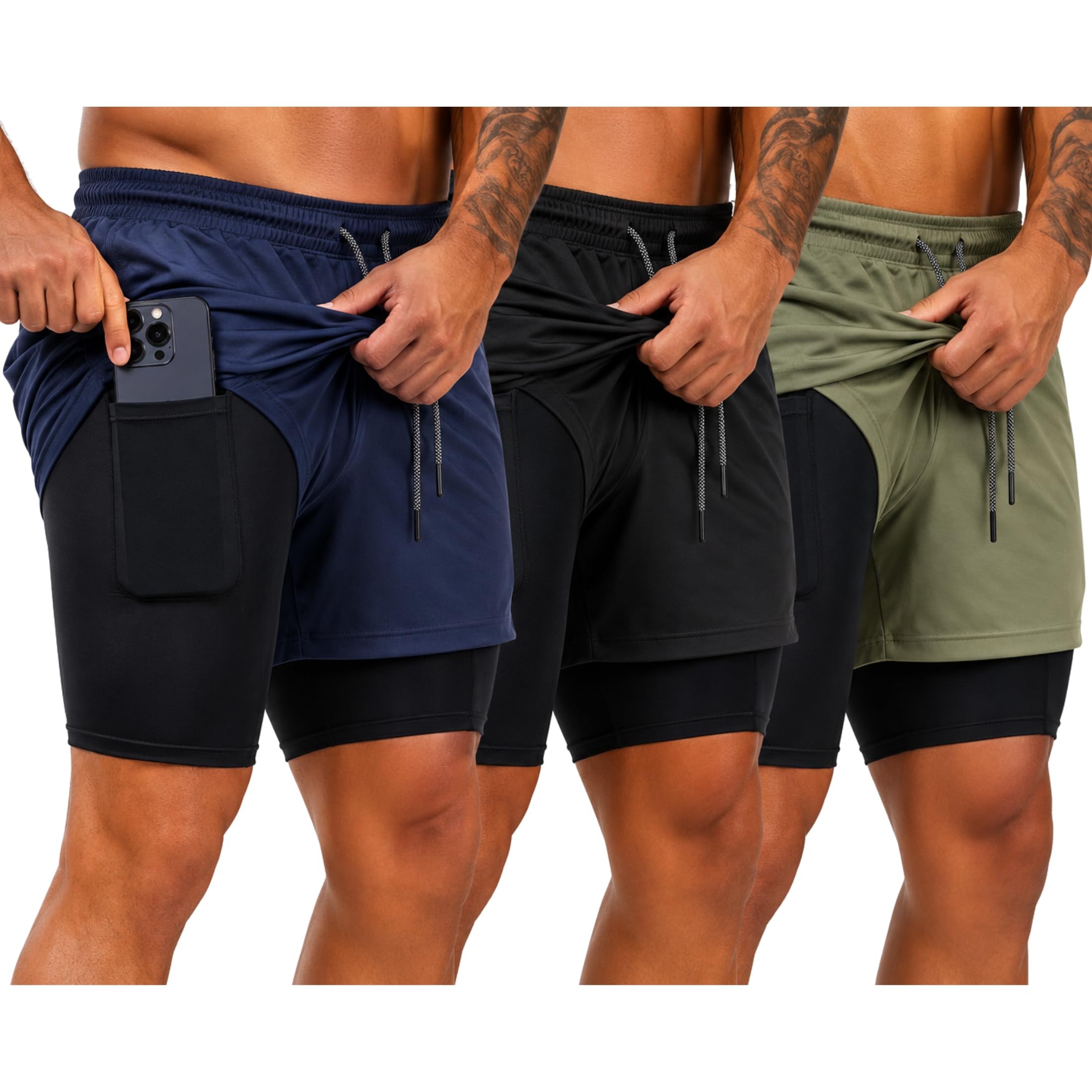 Genérico Lot de 3 shorts de sport 2 en 1 avec maille de compression interne, résistants et respirants pour gym, crossfit, course à pied, padel