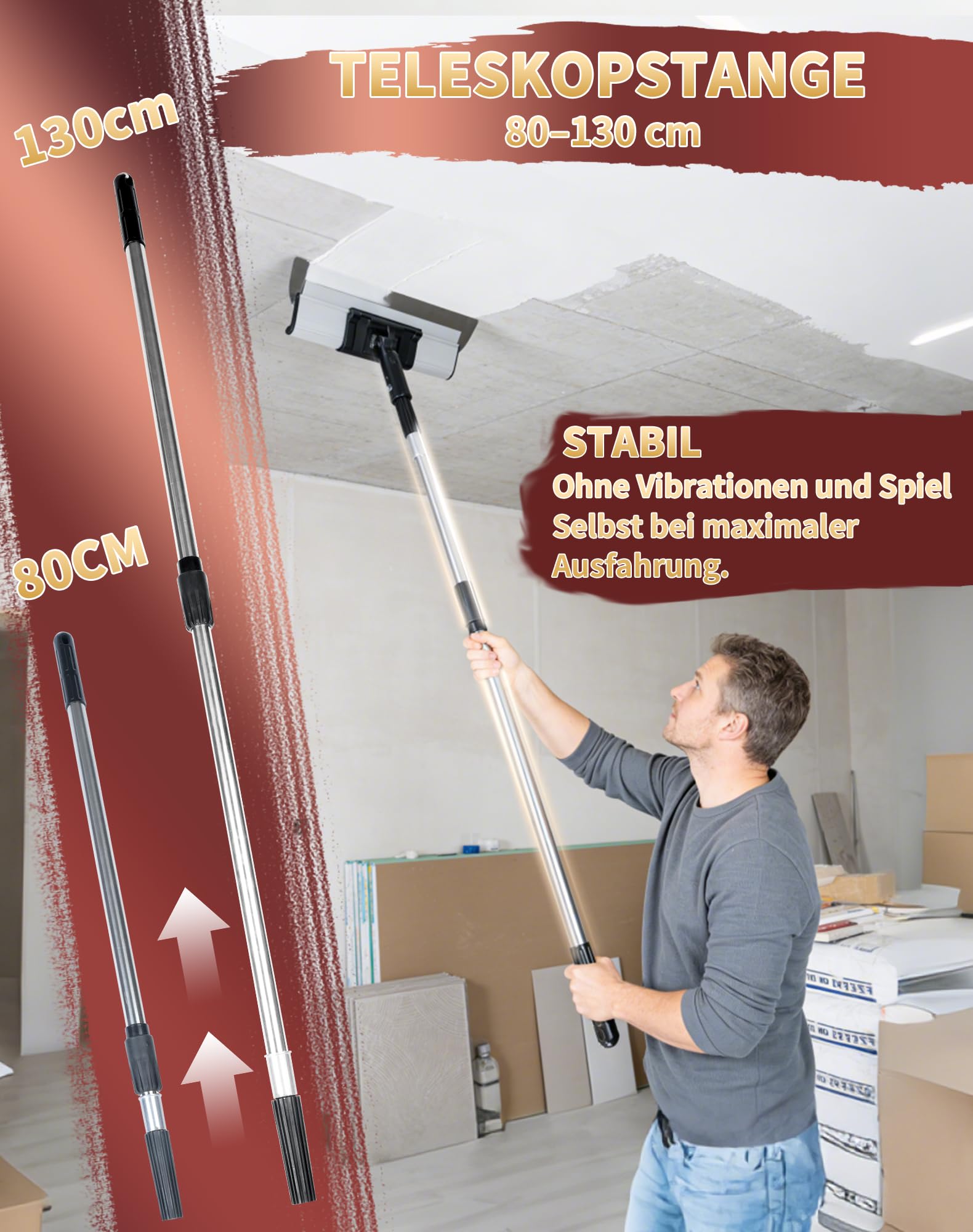 3x Spatule Enduit Lissage Set 60cm 40cm 25cm Manche en Alliage Aluminium avec Perche Télescopique 80-130cm lisseuse enduit Lame a Lisser Enduit Couteau a Enduire Inox Outil Lissage
