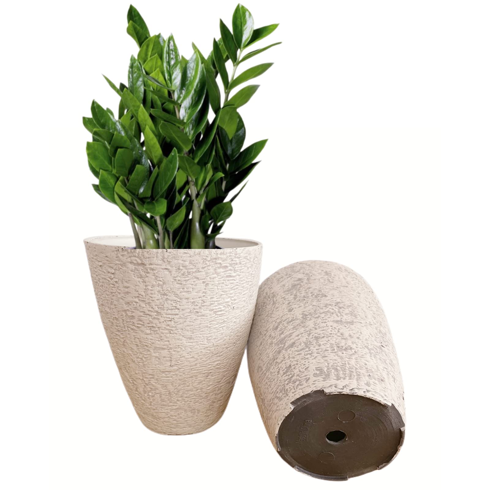 10 inch Tall Garden Planter Lightweight Indoor Outdoor Pots with Drainage Hole for Potted Plants Flowers Greenery, Set of 2 (Beige Grain Texture)
