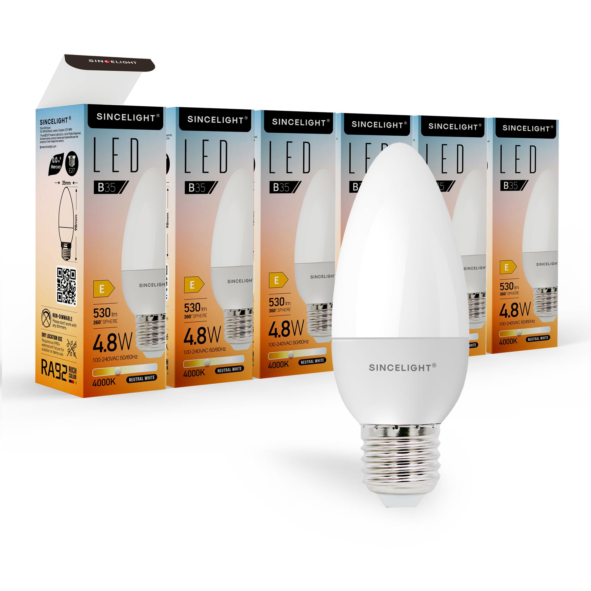SINCELIGHT 5W LED-Glühbirnein Kerzenform mit E27-Sockel, B35 Milchigem Diffusor, Satte und Echte Farbe RA≈92, 500 Lumen, 50W Äquivalent, Neutralweiß 4000K, ES Edison-Sockel, 6er-Pack Beleuchtung