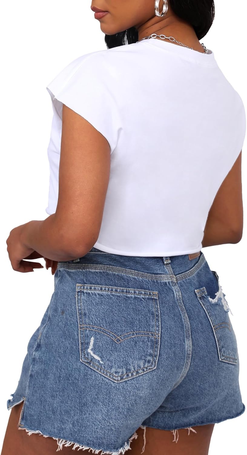 LovelyWholesale Womens Cropped Graphic Tees Cap Sleeve Tops Summer Short Sleeve T Shirts - Image 3