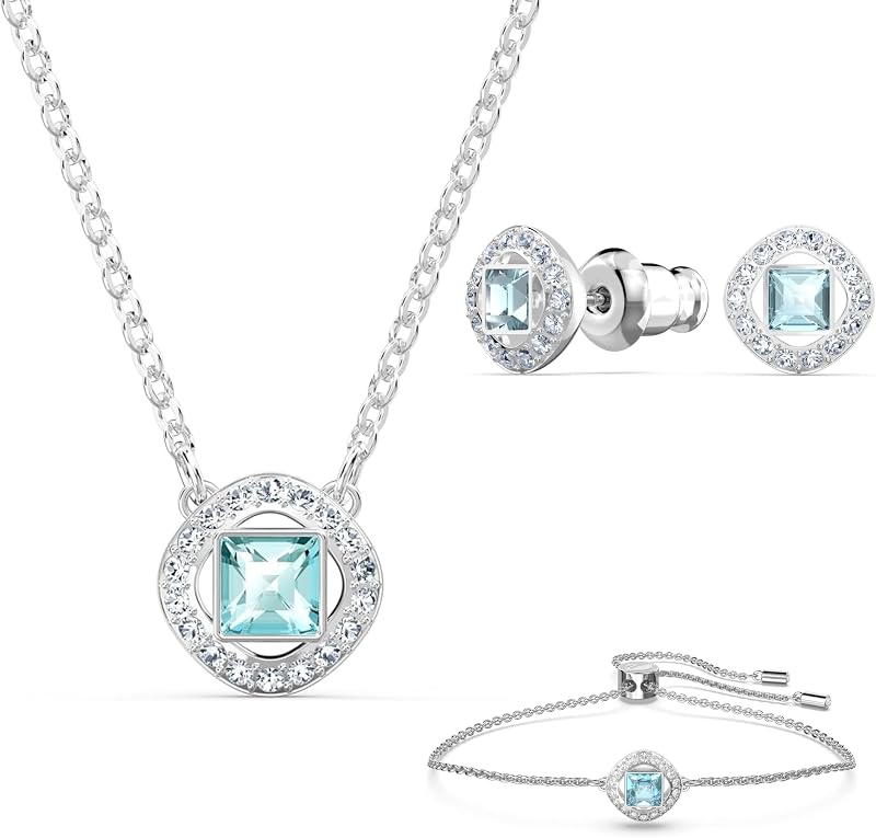 Conjunto de joyería SWAROVSKI Angelic Square: aretes de cristal aguamarina, collar con colgante, pulsera y cierre ajustable estilo bolo