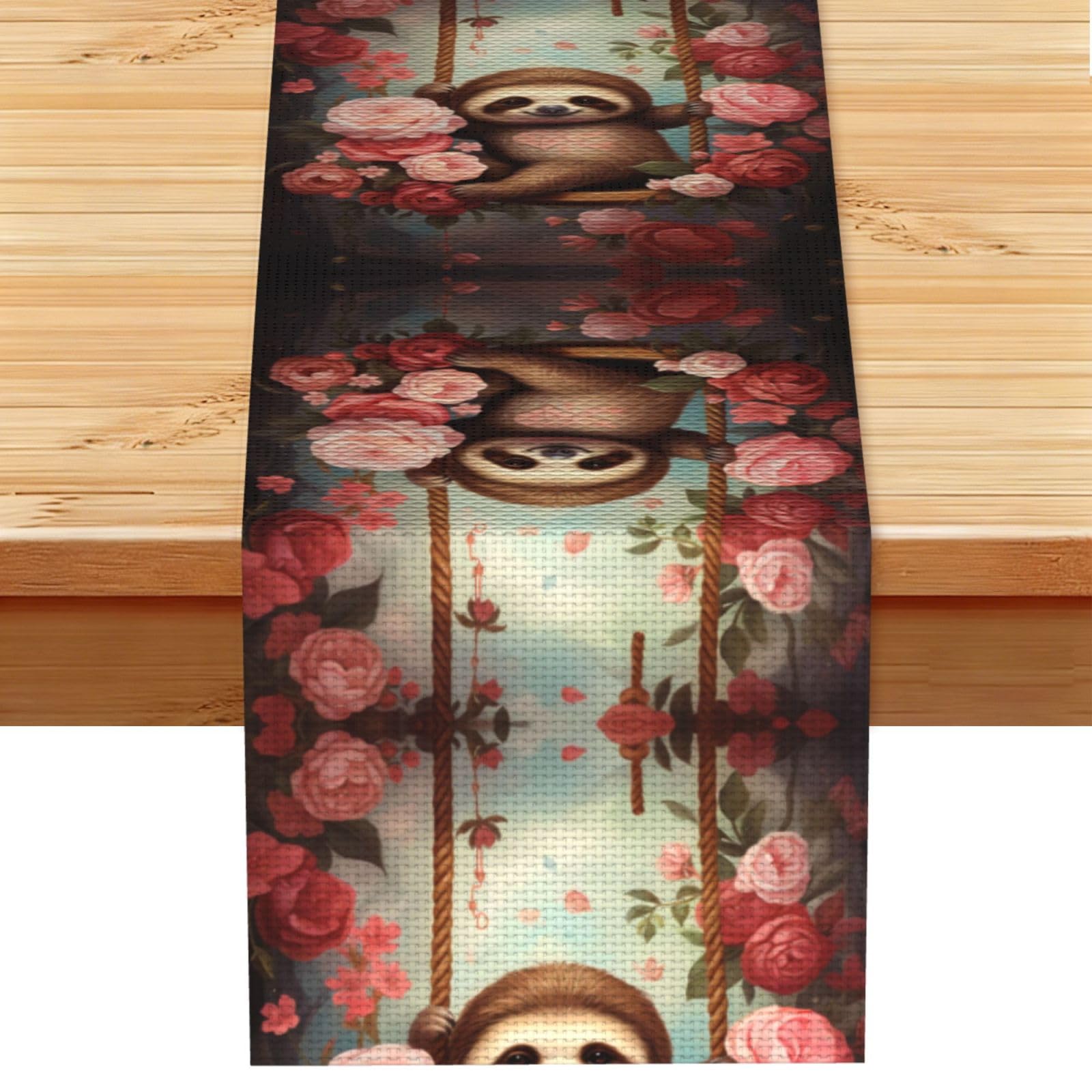 Sloth sitting on a swing by the roses Linen Feel Table Runner Wedding Party Home Decoration