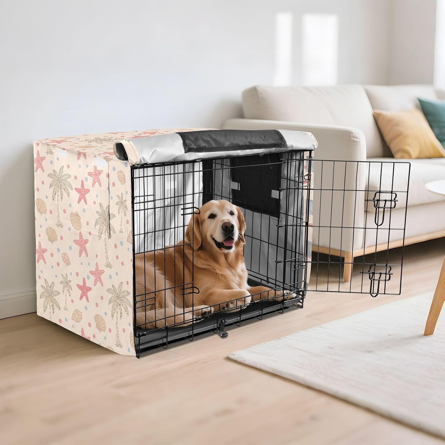 Tropical Palm Trees Dog Crate Cover 600D Oxford Pet Kennel Cover with Mesh Window for Dog Cages, Windproof Waterproof Machine Washable, 42"x28"x30"