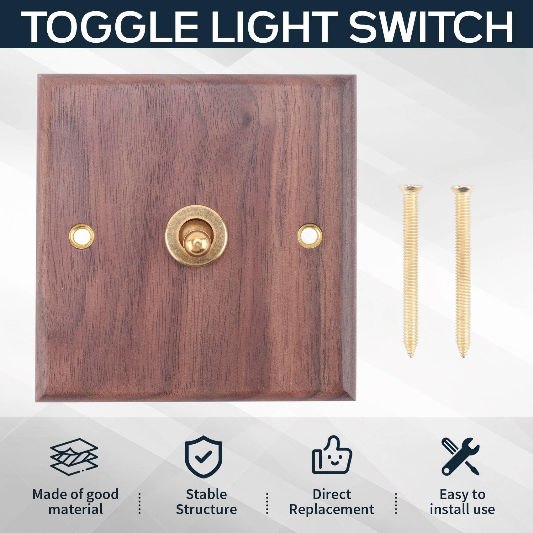 UrbanNest 5X Retro American Industrial Style Light Switch Socket, Solid Wood Brass Toggle Switch Plate,Antique Home Stay Switch(1) - Image 2