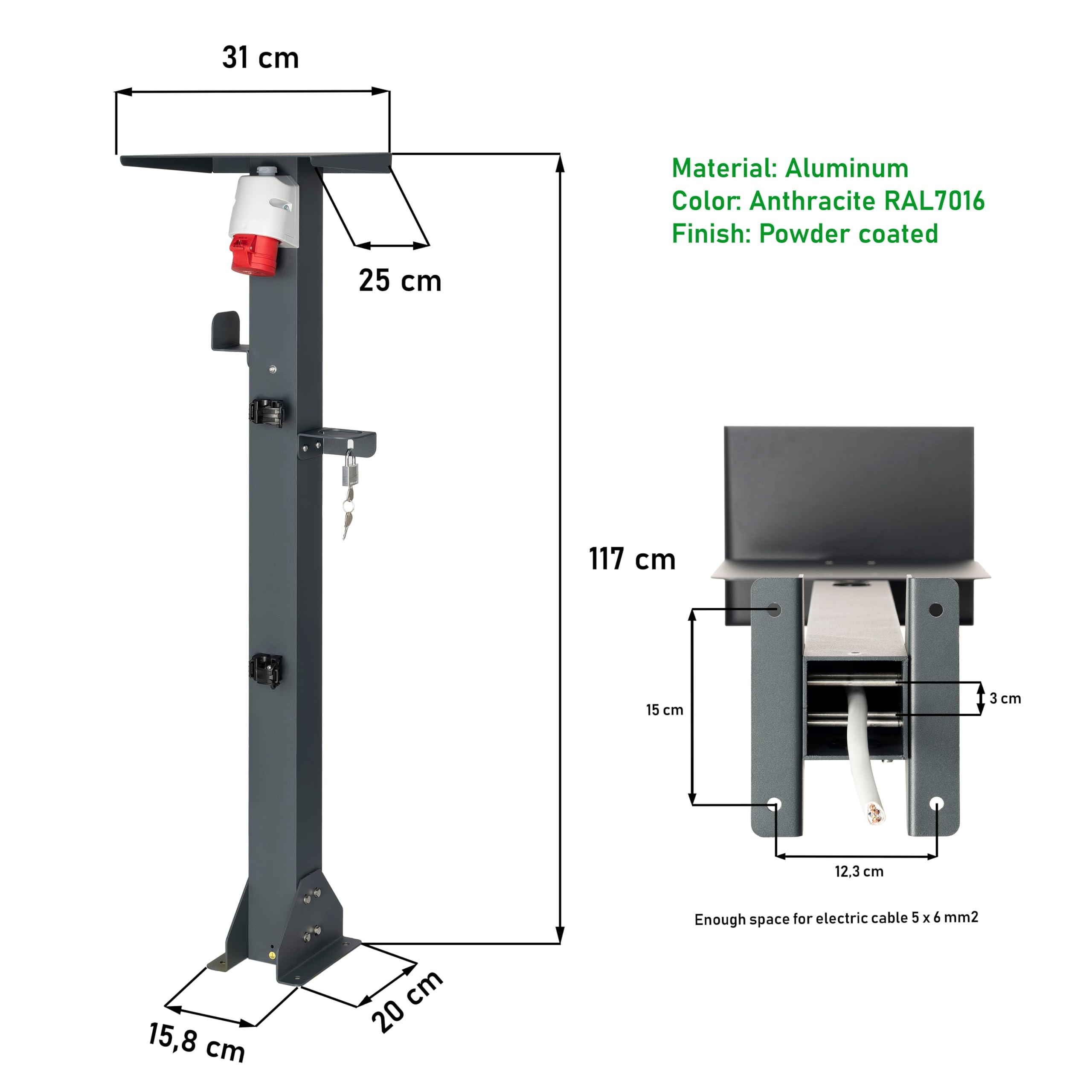 supporto universale di alta qualità in alluminio per stazione di ricarica mobile con tetto, supporto per cavi e presa per veicoli elettrici (CEE 3F, 16A, 11 kW)