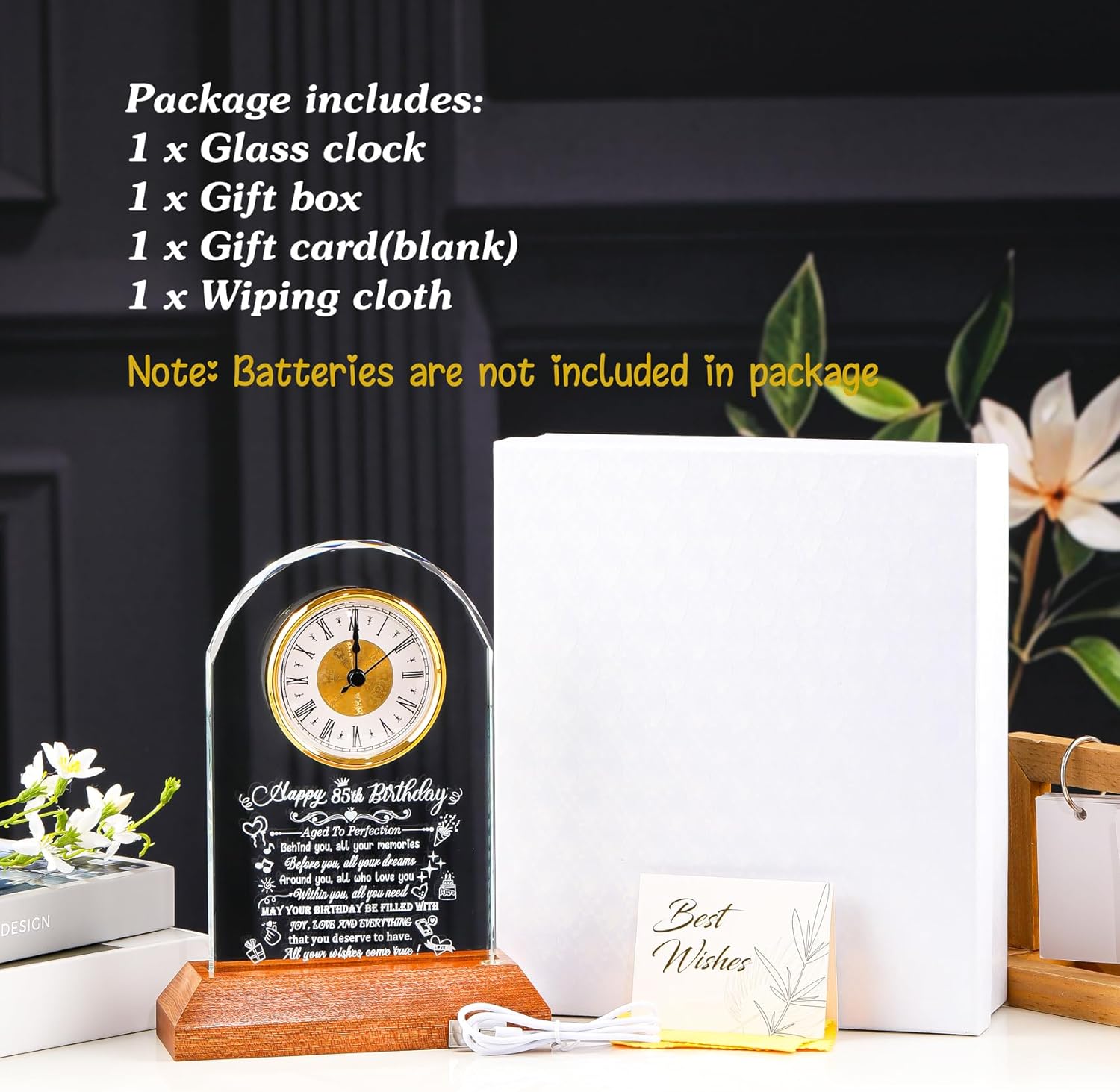 Happy 85th Birthday Crystal Clock Gifts for Women Men 85 Years Old Birthday Present for Parents 85th Quartz Clock Birthday Gifts with Wooden LED Light Base for Her Him