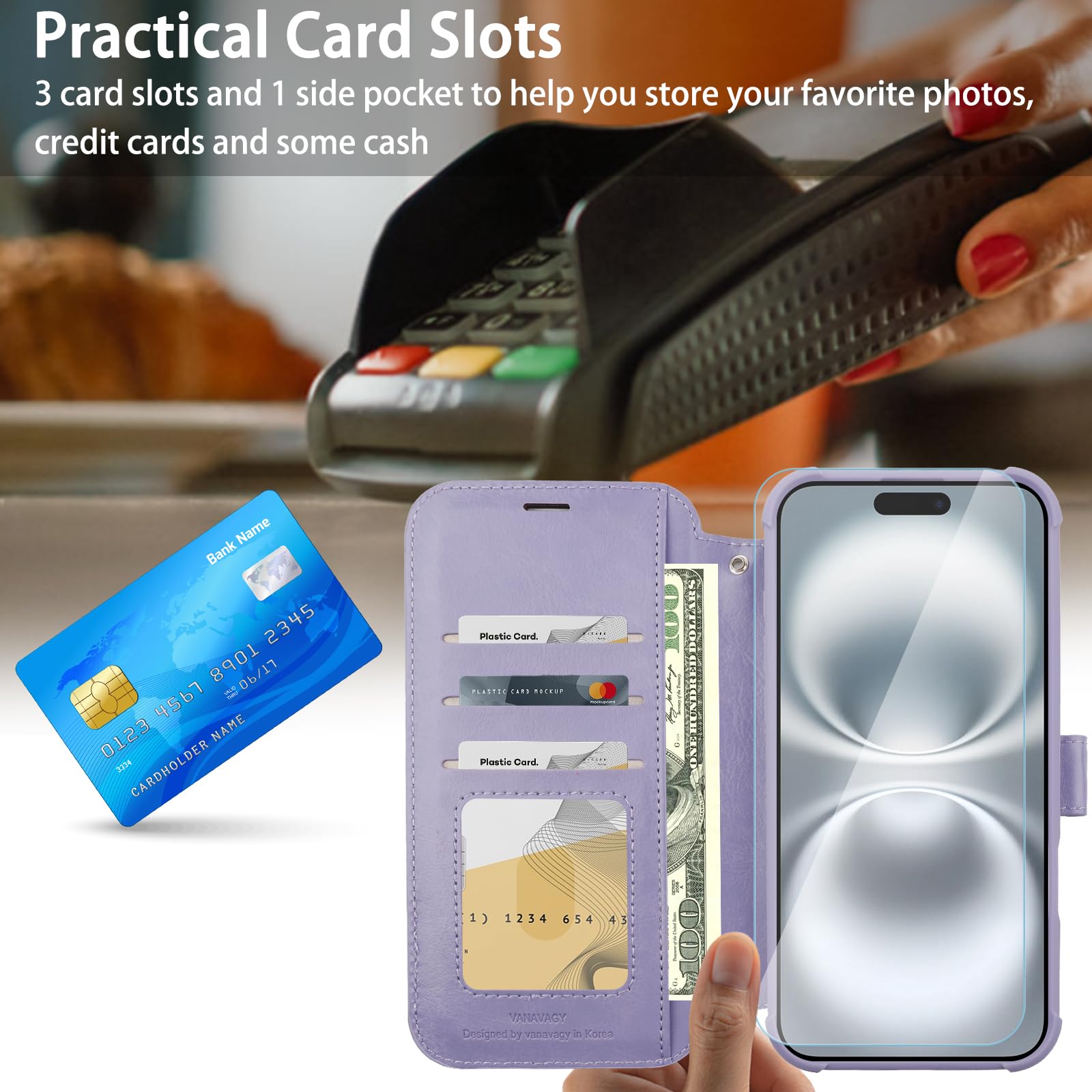 VANAVAGY Compatible for iPhone 16 Plus Wallet Case, 12ft Drop Protection, RFID Blocking PU Leather Flip Cover - Image 3