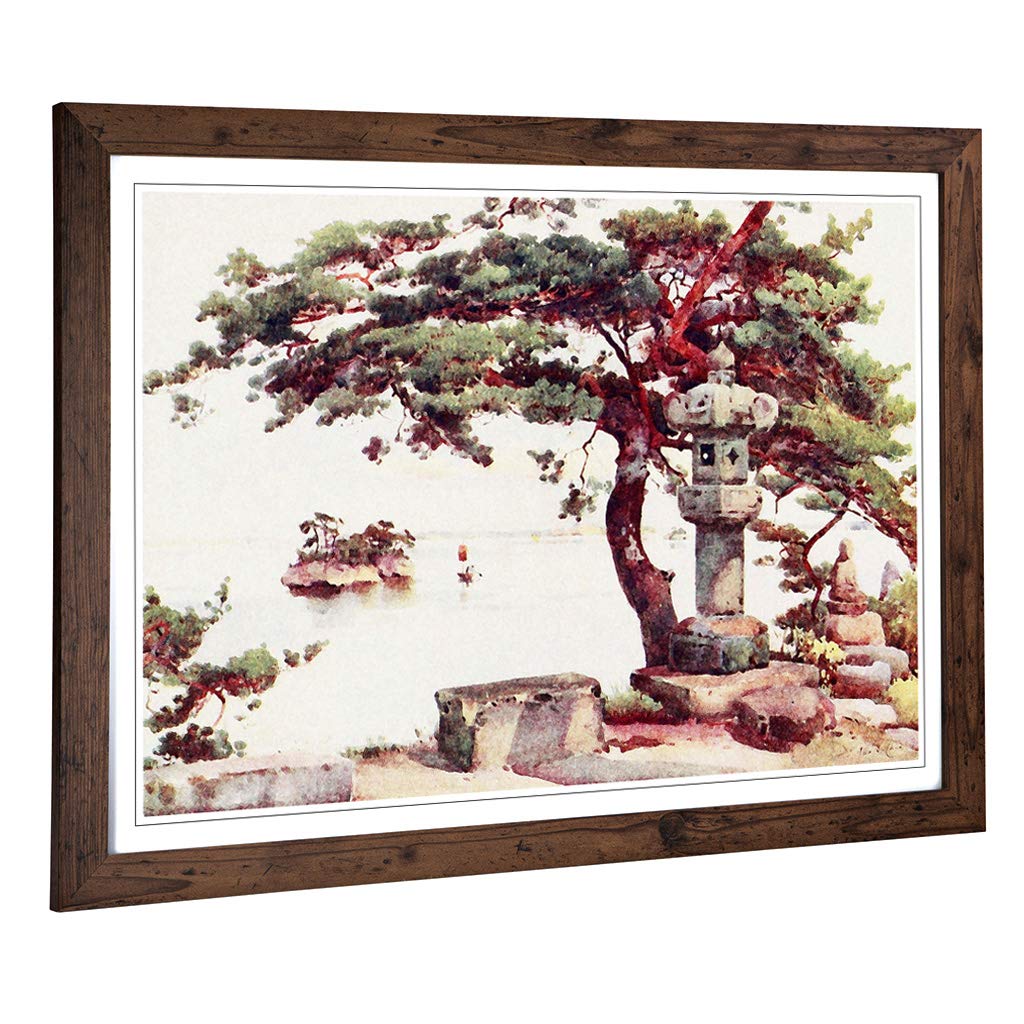 Big Box Art Framed Print of Ella Du Cane Japanese Oriental Pine Tree at Matsushima Design | Wall Art Picture| Home Decor for Living Room, Bedroom, Office, Walnut, A2 / 24.5x18 Inch / 62x45cm