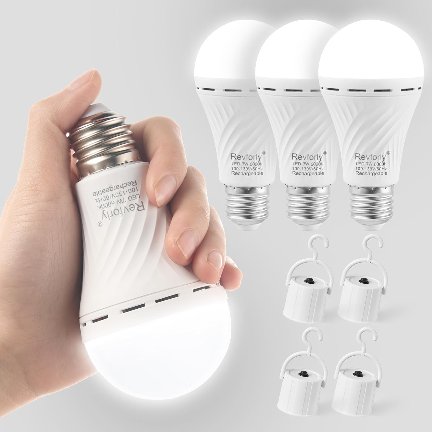 4 Pack Emergency-Rechargeable-Light-Bulb, Stay Lights Up When Power Failure, 1200mAh 15W 80W 6500K Daylight Equivalent LED Light Bulbs for Home, Camping, Tent (E26 with Hook)
