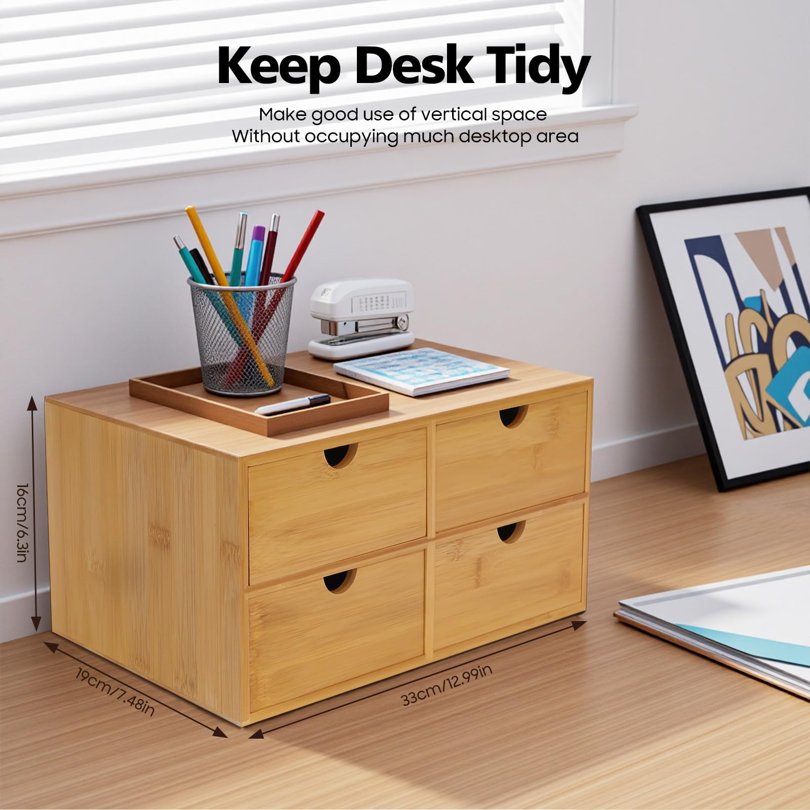 Organizer Da Scrivania In Bambù Con 4 Cassetti – Elegante, Resistente E Sostenibile | Per Cancelleria, Cosmetici, Gioielli E Accessori | Dimensioni 33x19x16 Cm | Design Minimalista Per Ufficio E Casa