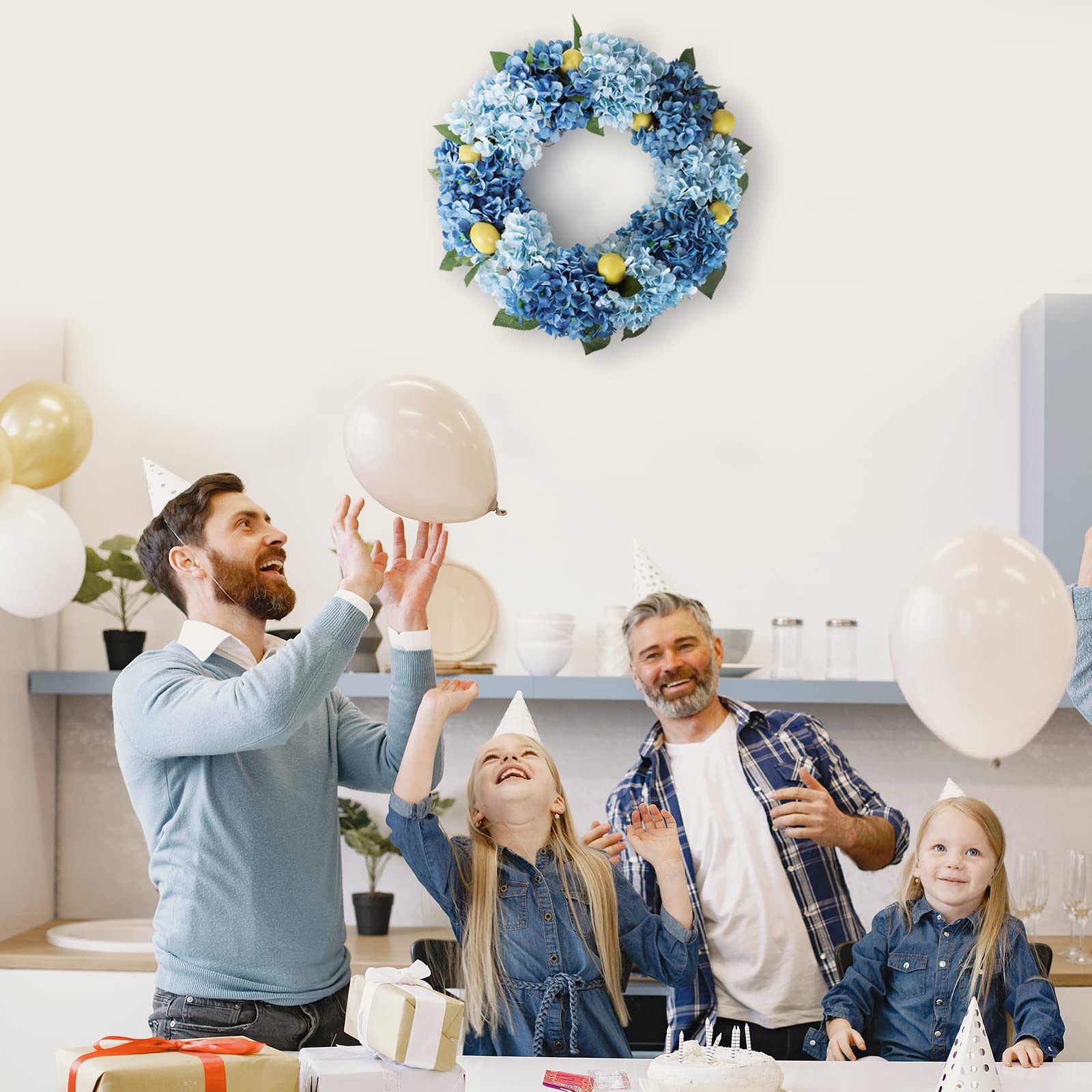 Kmise Sommer-Frühlingskranz für Haustür, 66 cm, große blaue Hortensien, Zitronenkranz für Tür, Fenster, zum Aufhängen, Hochzeit, Party, Dekoration