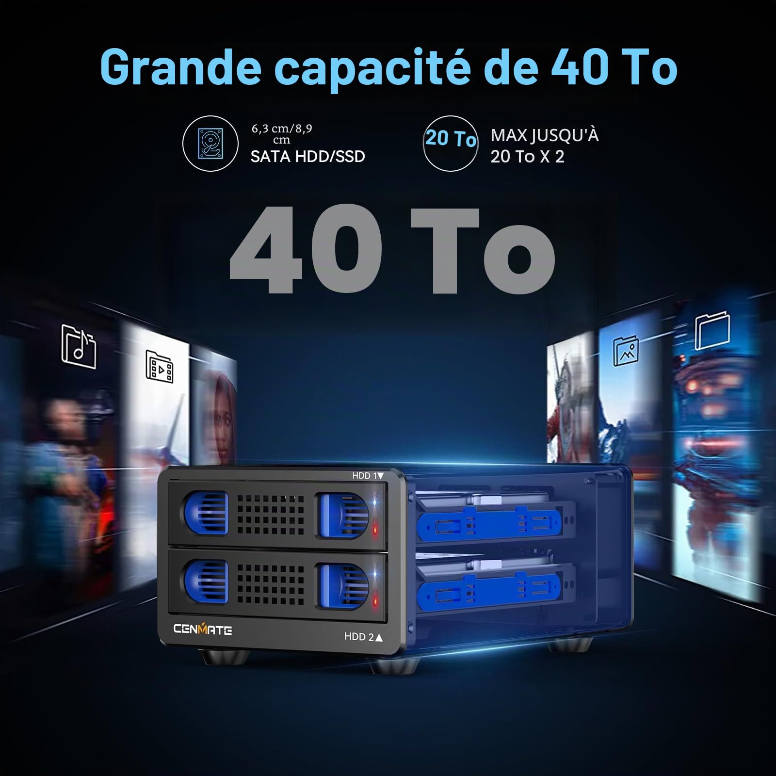 Boîtier de Disque Dur, CENMATE Aluminium Boîtier 2 Baie avec Ventilateur SATA 2,5/3,5 HDD/SSD, USB A/C 3.0, Supportant l'échange à Chaud, l'extension en Chaîne, Boîtier HDD,DAS (NO Raid/NAS)
