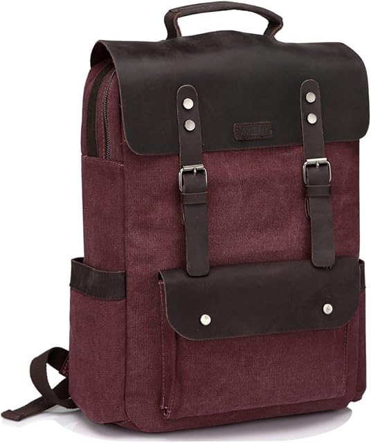 VASCHY Backpack for Men, Women Vintage Genuine Leather Canvas Rucksack for Work Travel School Fits 15.6 Inches Laptop Campus Book Bag Outdoor Recreation