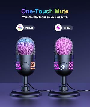 USB Condenser Microphone for PC, RGB Gaming Mic with Plug & Play, Cardioid Pickup, Real-Time Monitoring, Tap-to-Mute, Gain Control for Streaming, Podcast, Recording on PC, Mac
