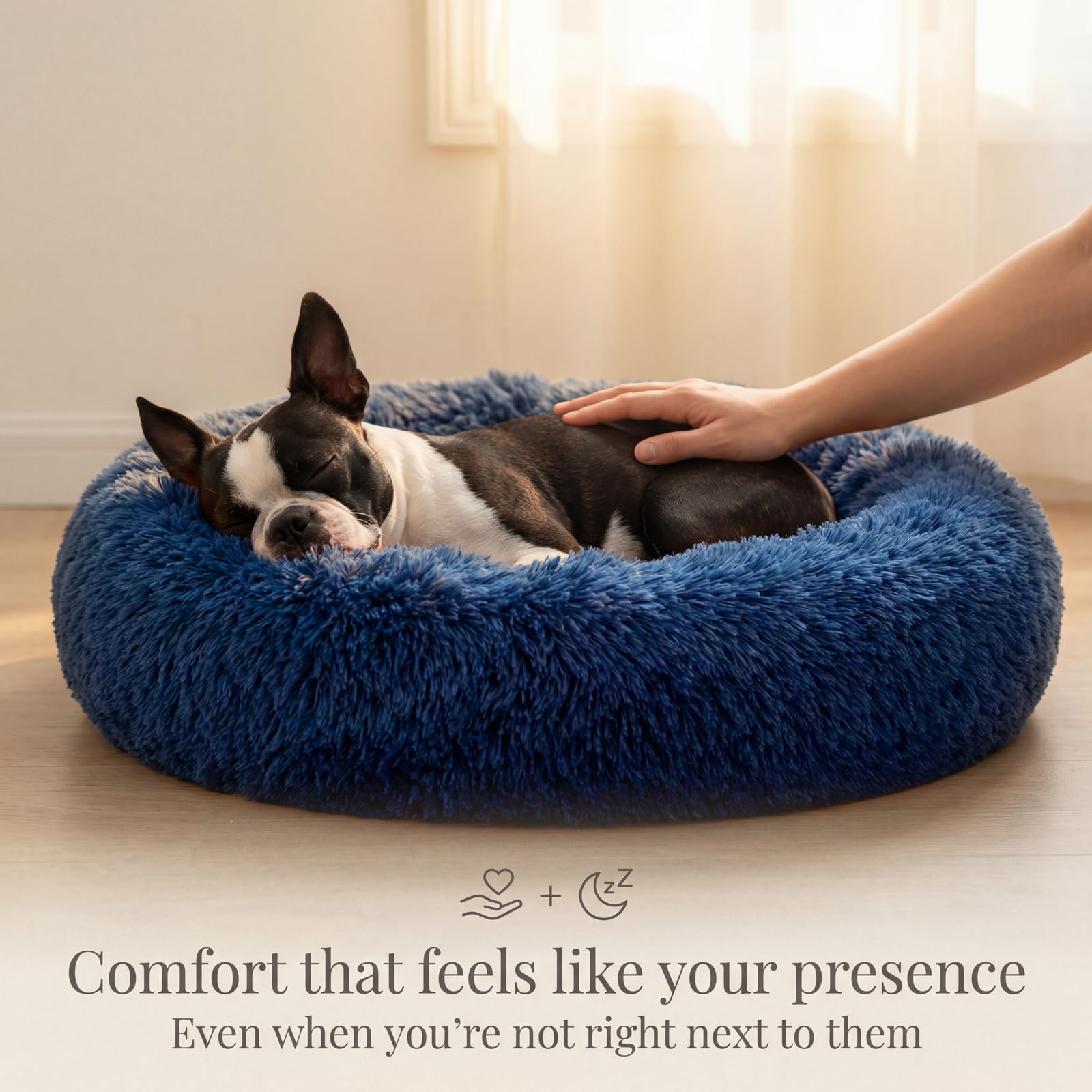Beruhigendes Hundebett für mittelgroße Hunde, waschbar, Donut-Design, rutschfest, rund, flauschig, Plüsch-Kunstfell, Katzenbett, passend für Haustiere bis zu 20 kg, Marineblau