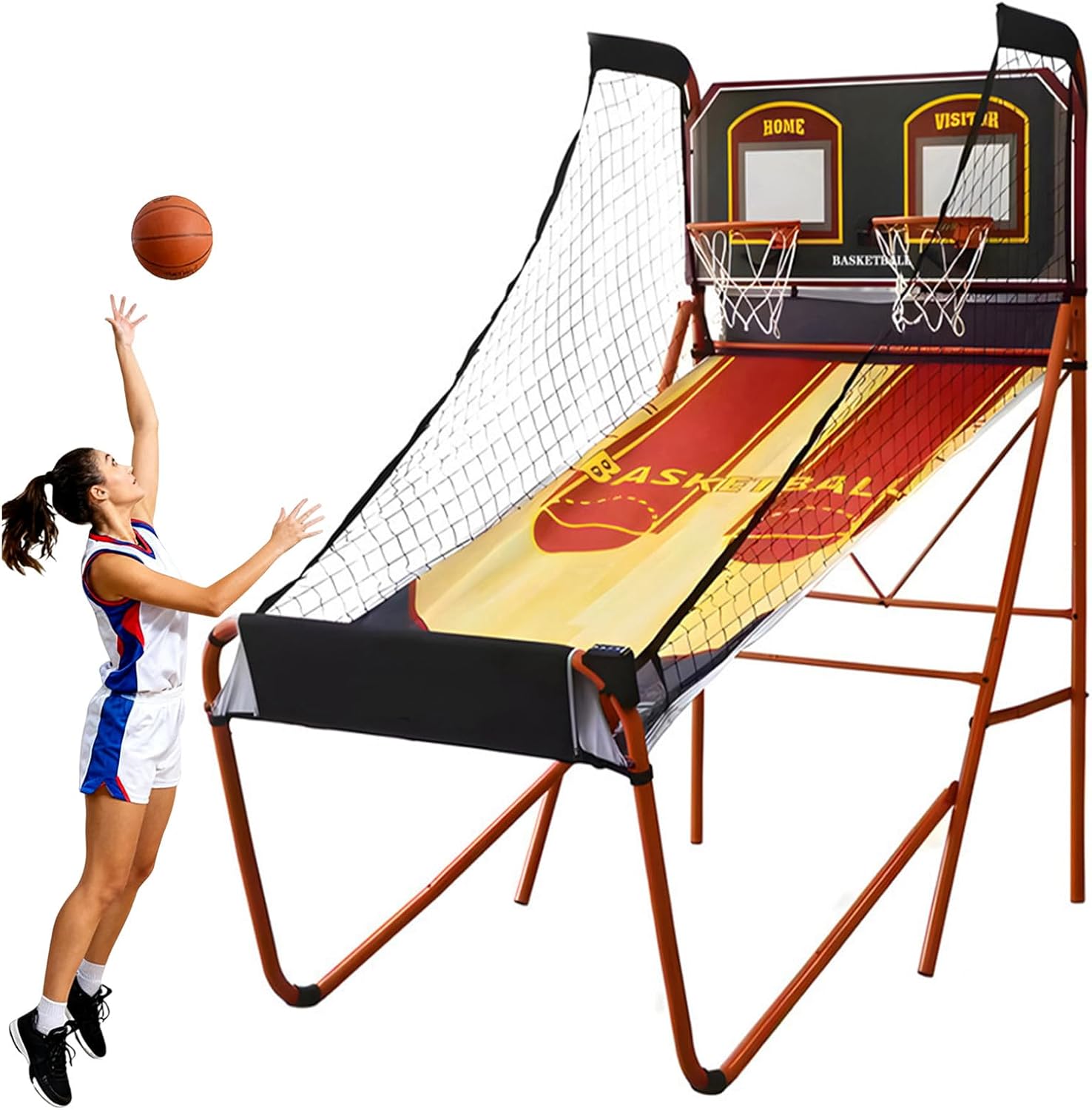 Fold Indoor Arcade Basketball Game, Dual Shot Electronic Scoring Shooting Basketball Machine with 5 No.3 Balls for Basement Game Rooms