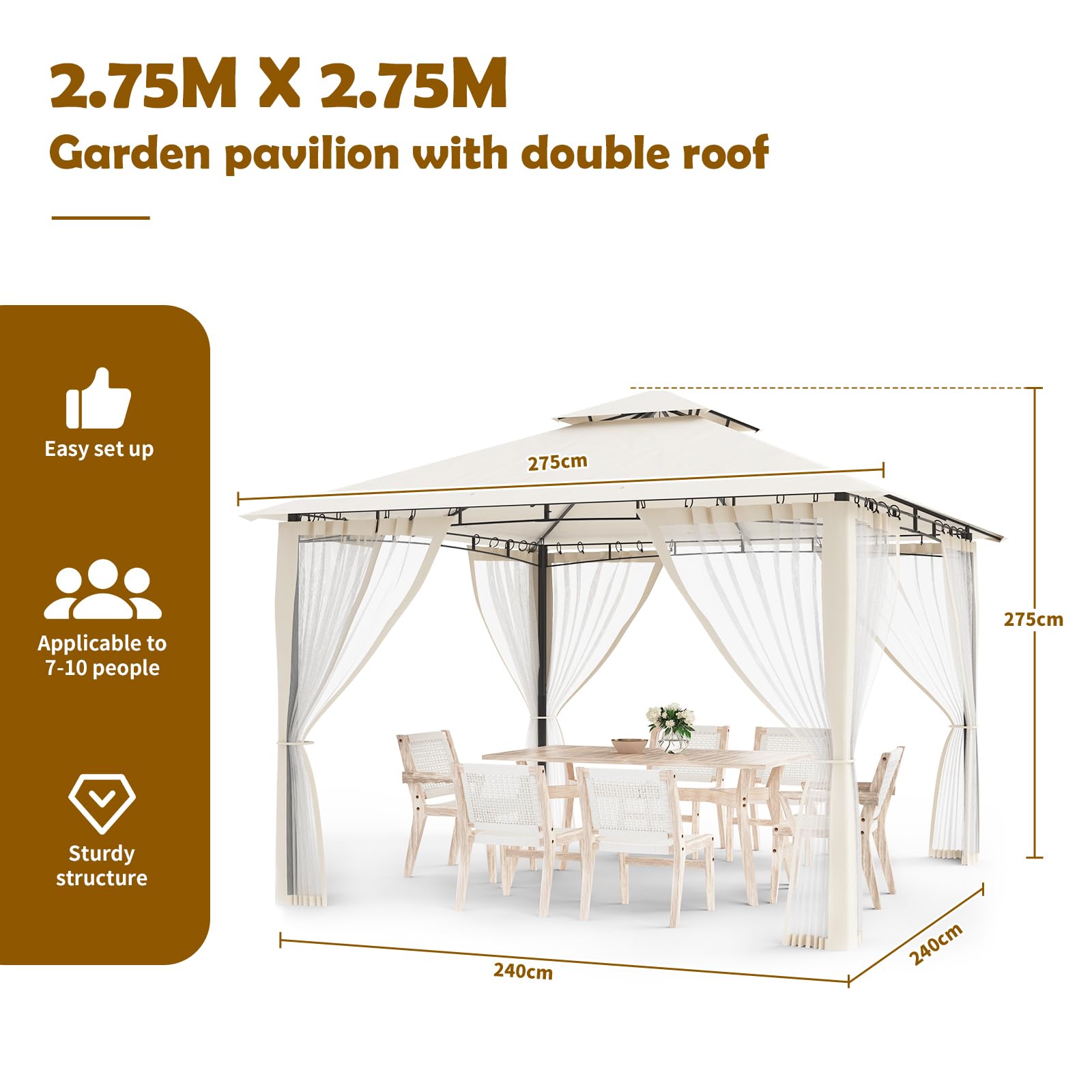 Amopatio Cenador de Jardín, 2.75x2.75m, Doble Techo Impermeable con Mosquitera Incluida - Pergola Exterior de Metal para Fiestas, cenador de Metal para Piscina,Beige