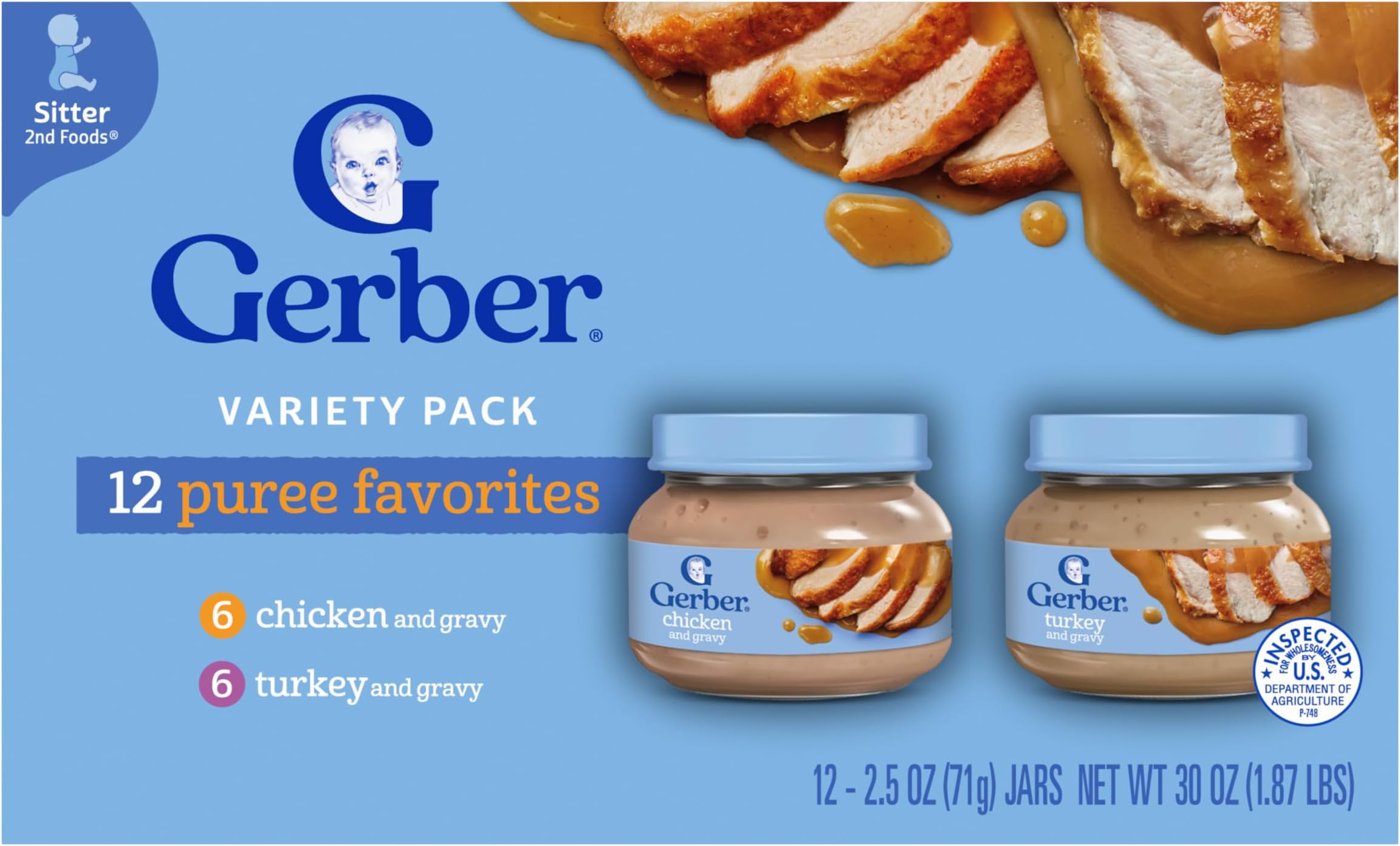 Gerber Stage 2 Baby Food, Chicken & Turkey Variety Pack Jars, Mealtime Poultry Puree, Baby Food Puree,12-Pack