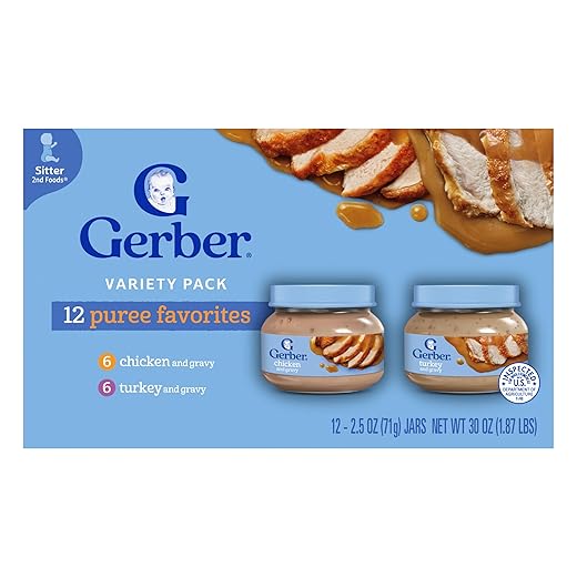 Gerber Stage 2 Baby Food, Chicken & Turkey Variety Pack Jars, Mealtime Poultry Puree, Baby Food Puree,12-Pack