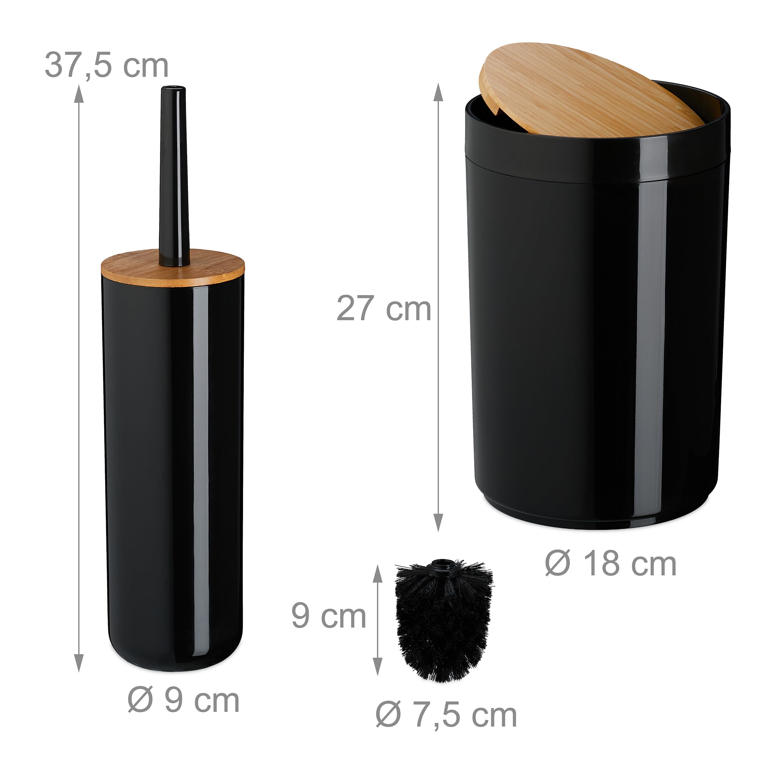 Relaxdays Lot de 7 Accessoires pour la Salle de Bain, Plastique et Bambou, Set Pratique, Noir et Nature
