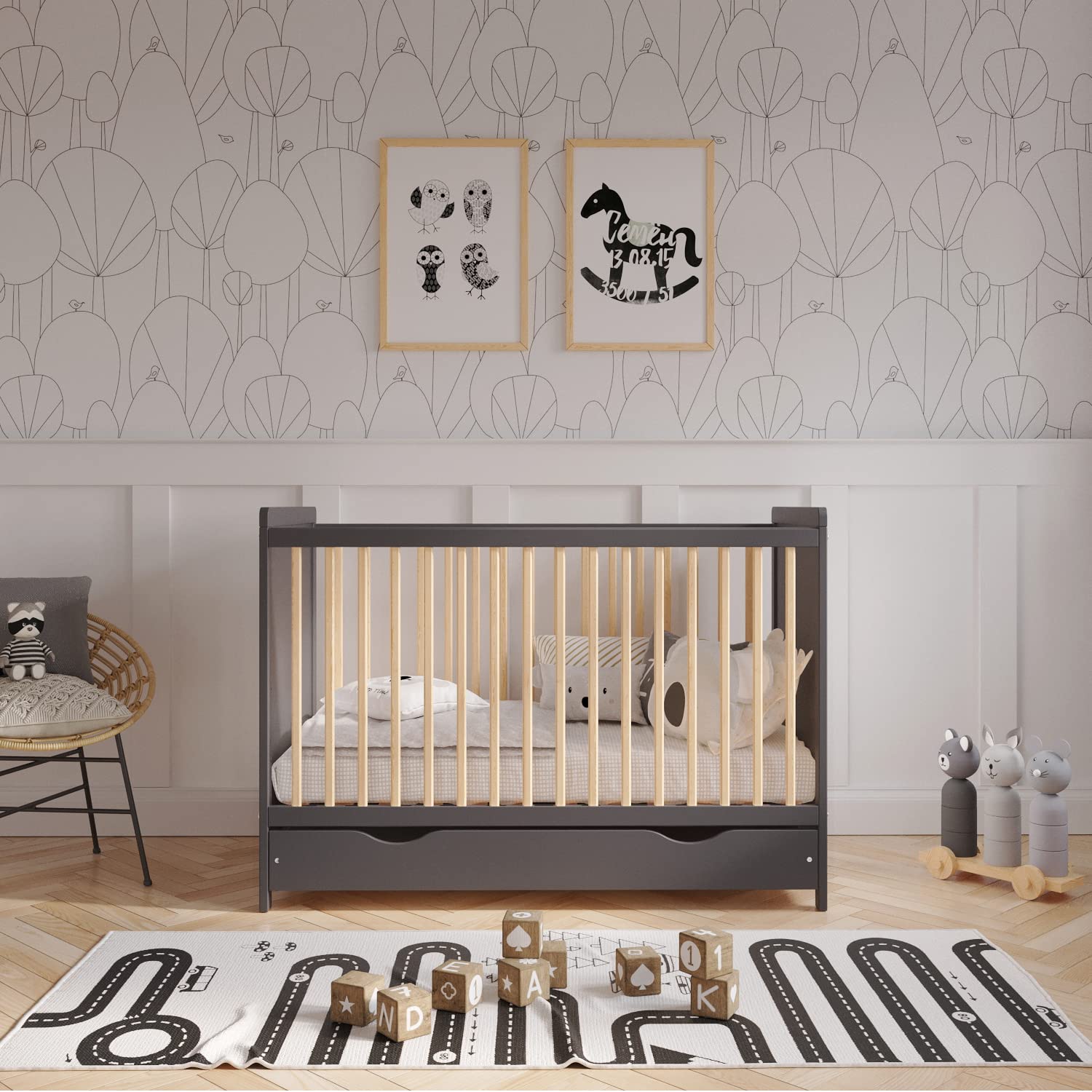 Love For Sleep | TOKYO Wooden Baby Cot Bed 120x60cm with Covered Drawer and Safety Wooden Barrier (Anthracite/Pine)