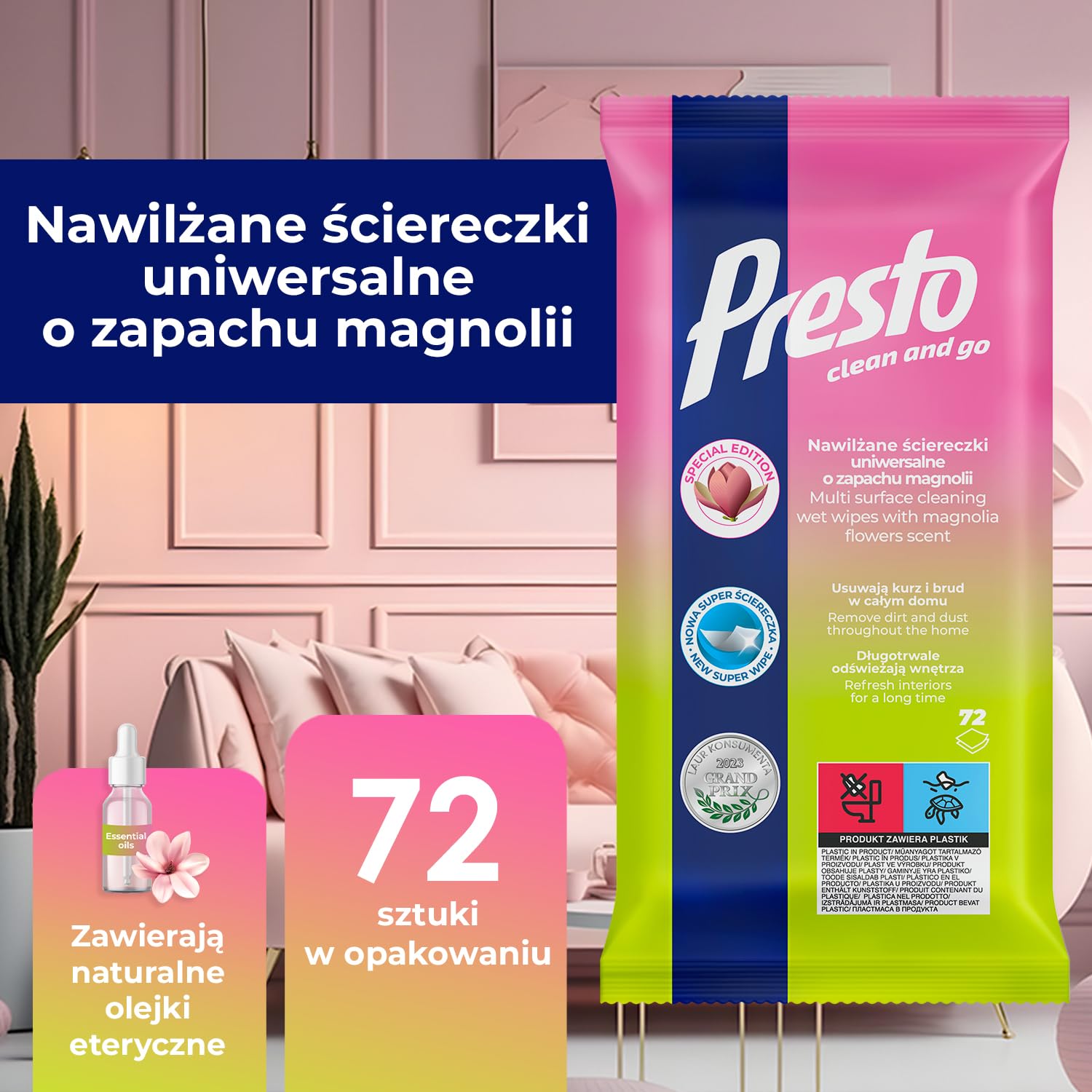 Presto Uniwersalne ściereczki do czyszczenia Magnolia – do gładkich powierzchni – szybkie i skuteczne czyszczenie – meble, terakota, panele, płytki – zapach kwiatów – 72 sztuki