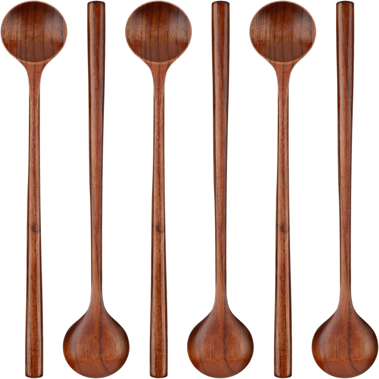 Long Handle Round Spoons Korean Style Soup Spoons for Soup Cooking Mixing Stirring Kitchen Tools Utensils,(10.9 Inch) (Brown)(6 Pc.)