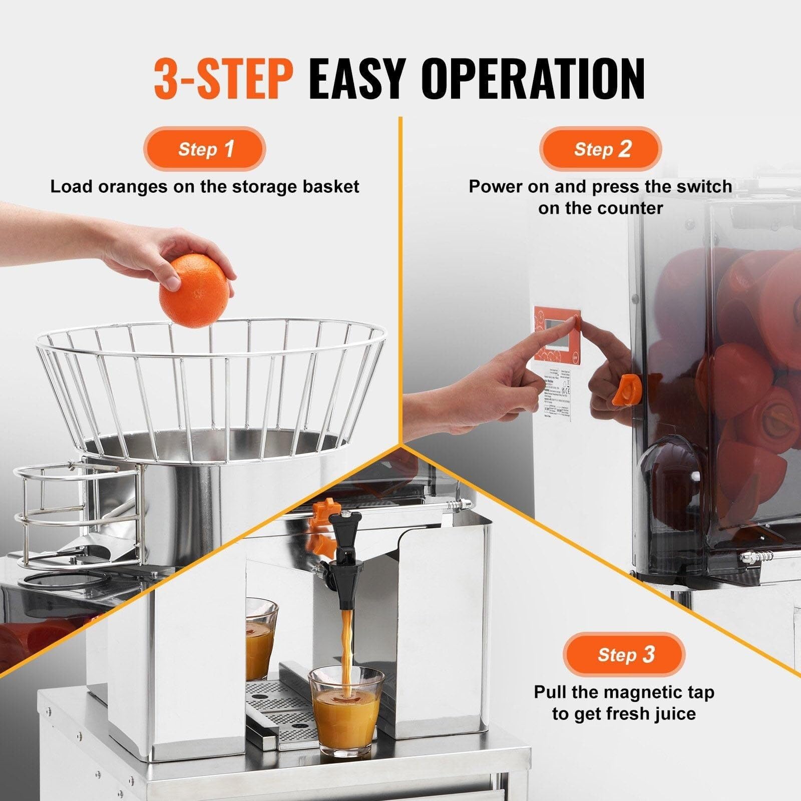 Extracteur automatique de jus d'orange commercial avec robinet d'eau, machine en acier inoxydable, boîte de filtre extractible de 25 oranges/minute, couvercle en PC, 3 seaux de collecte de pelures