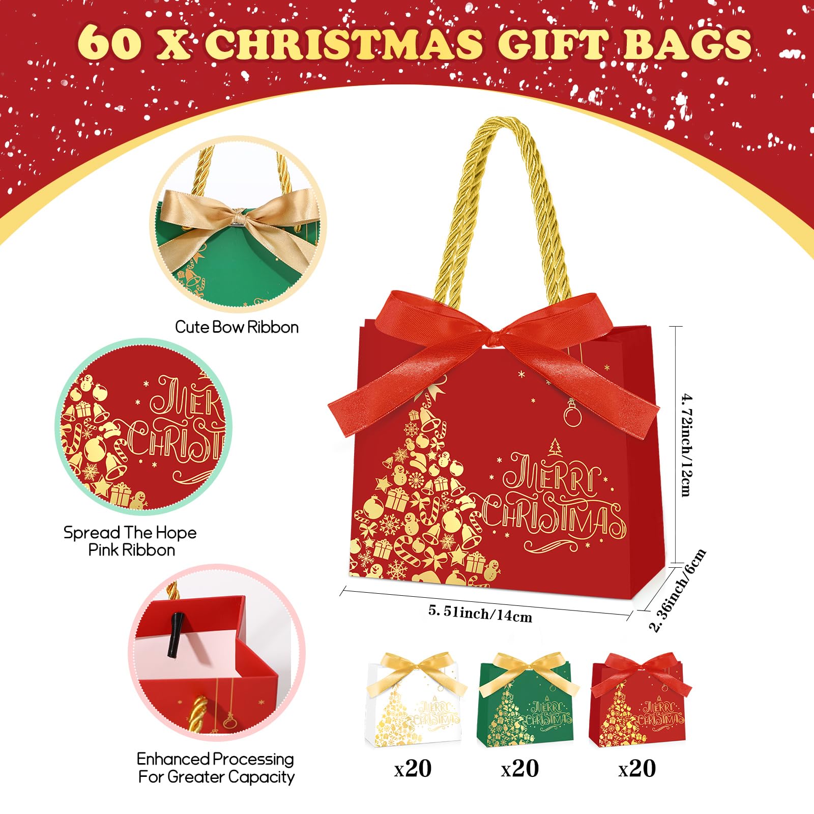 Kolldenn Lot de 50 petits sacs cadeaux de Noël en vrac avec poignées en feuille d'or rouge, blanc, vert avec nœud pour Noël, bonbons, cadeaux de fête pour Noël, vacances, Nouvel An