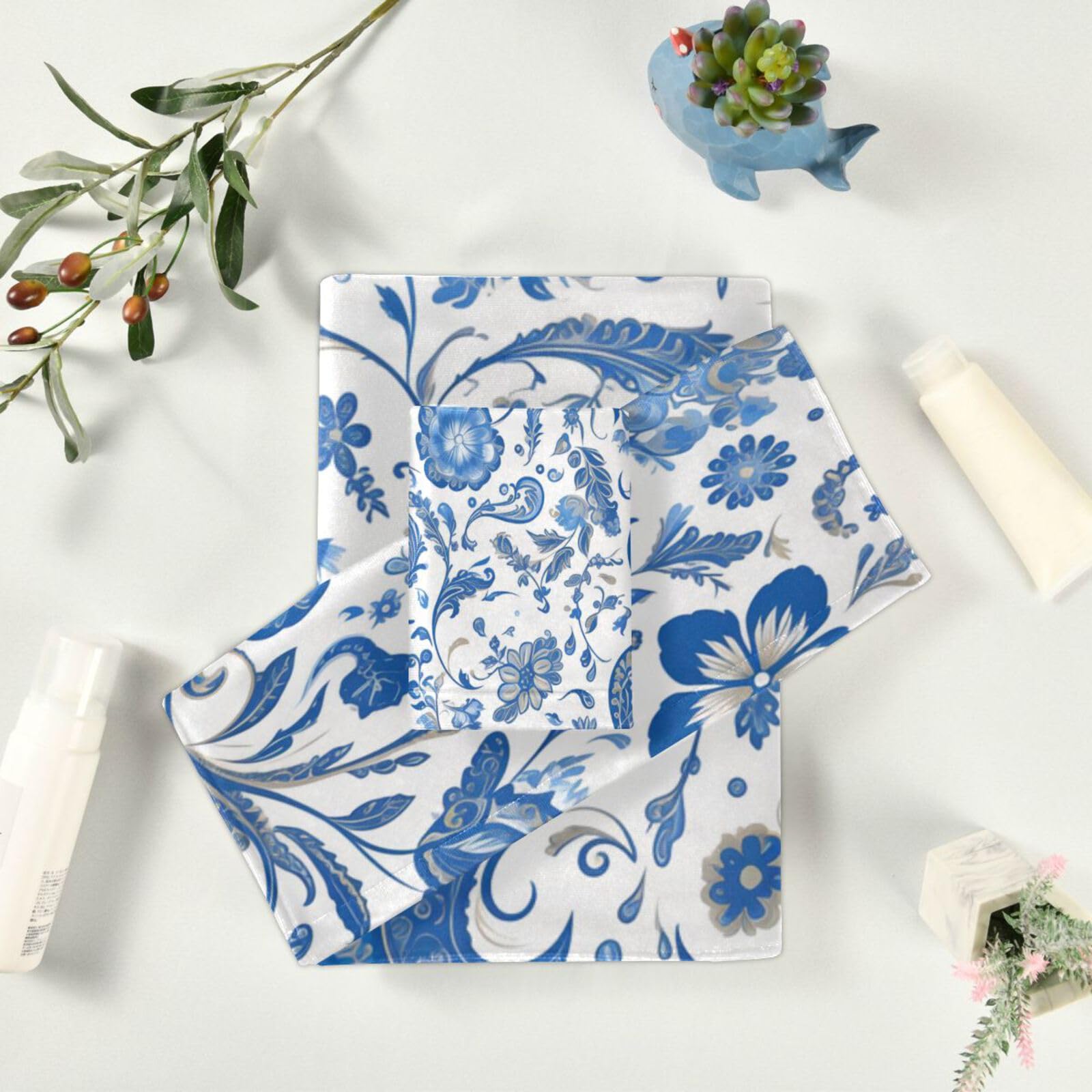 Set di 3 asciugamani da viso vintage blu con motivo floreale ad asciugatura rapida, 1 asciugamano da bagno, 1 asciugamano per le mani, 1 panno per la casa, cucina e famiglia