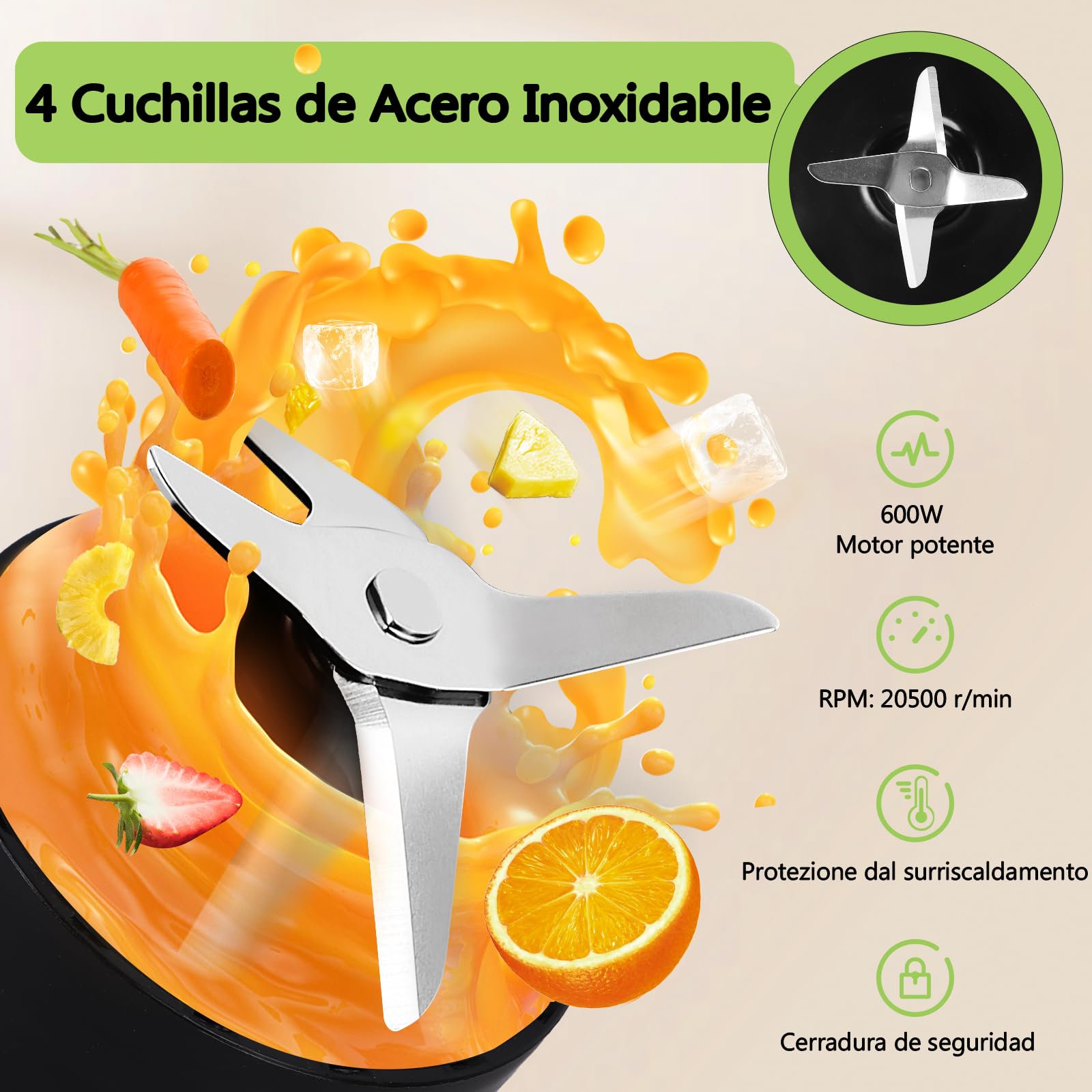 Aigostar Batidora de vaso con dos vasos portátiles de 800ml, 600W potencia. Batidora con vasos de Tritán, libres de BPA, con diseño de acero inoxidable. Perfecta para zumos, batidos y smoothies.