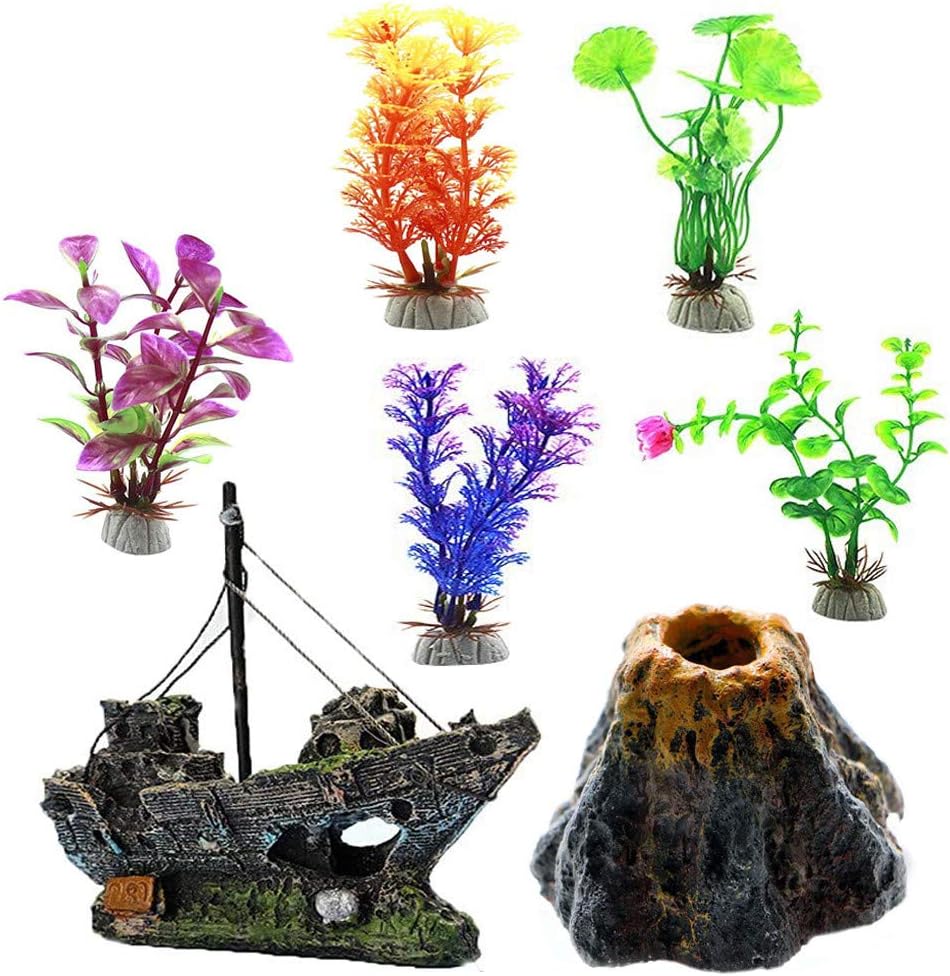 Aquarium Decorations Kit Resin Fish Tank Ornament Artificial Volcano Fishing Boat