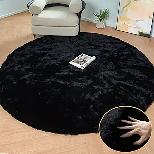 Black Round Area Rug 5ft Washable Faux Fluffy Fur Rug for Bedroom Circle Nursery Rug for Living Room Girl Room Cute Décor