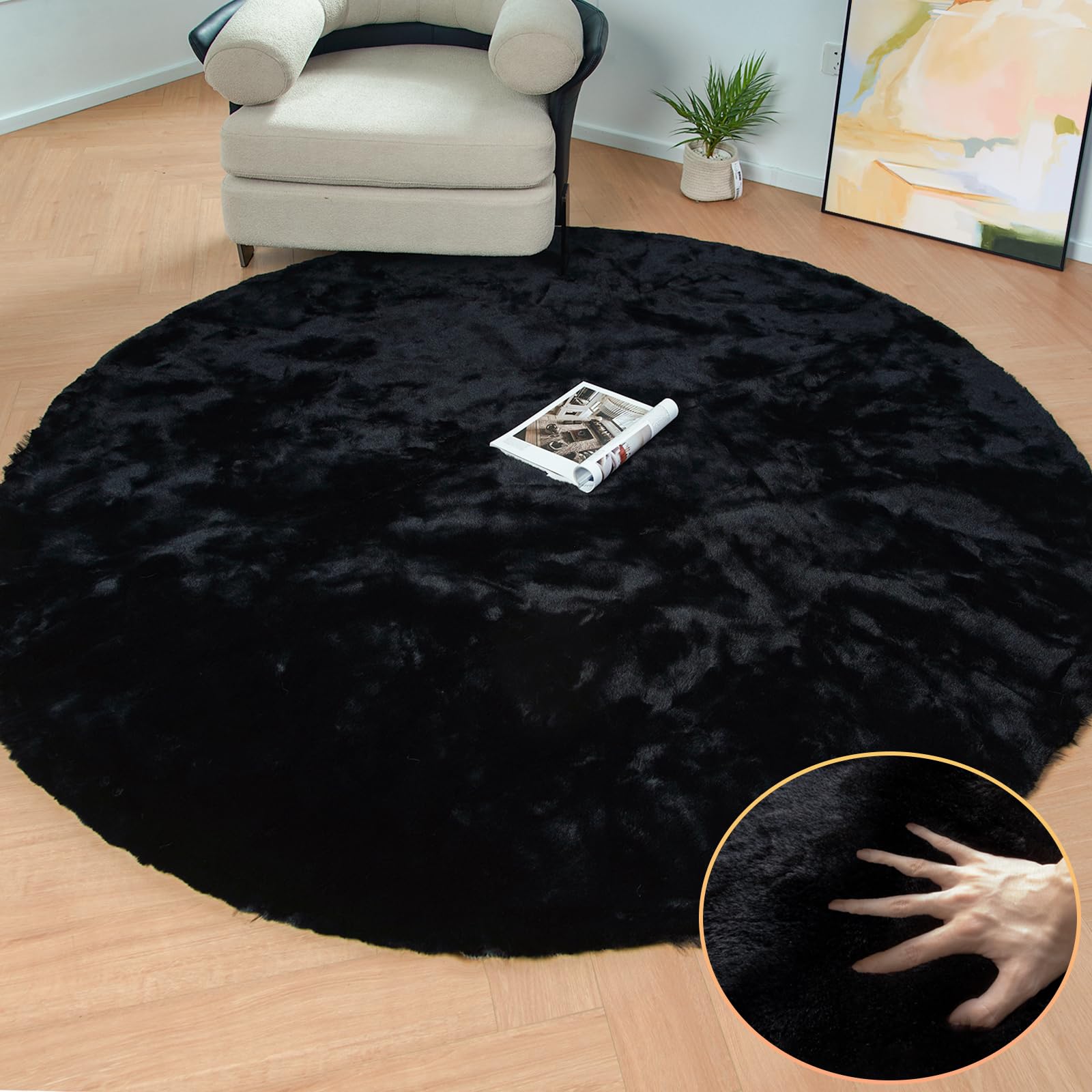 ORINOVA Black Round Area Rug 5ft Washable Faux Fluffy Fur Rug for Bedroom Circle Nursery Rug for Living Room Girl Room Cute Décor