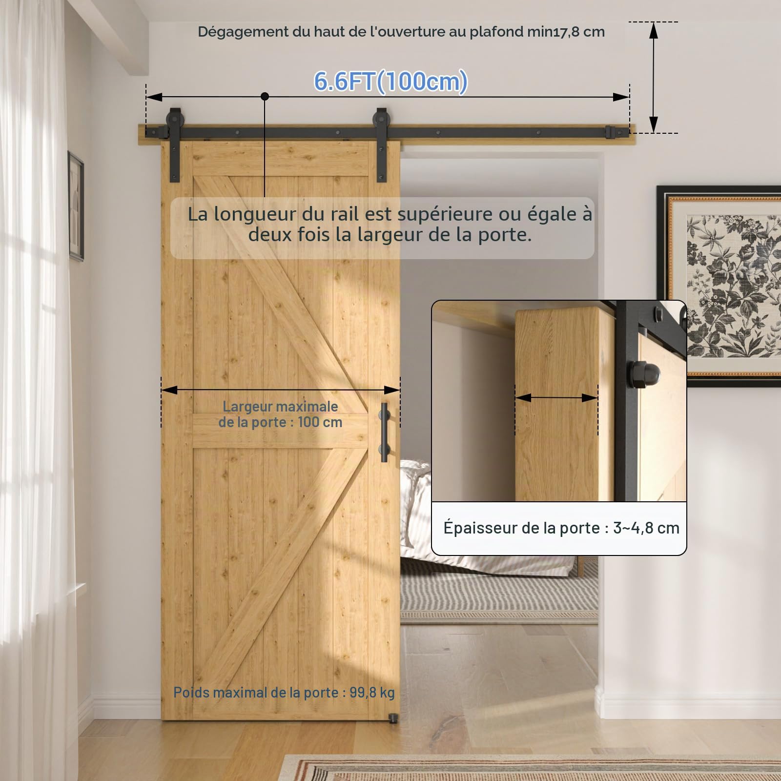CCJH 200cm Quincaillerie Kit de Rail pour Porte Coulissante avec Guide de Plancher, pour Grange, Poignée