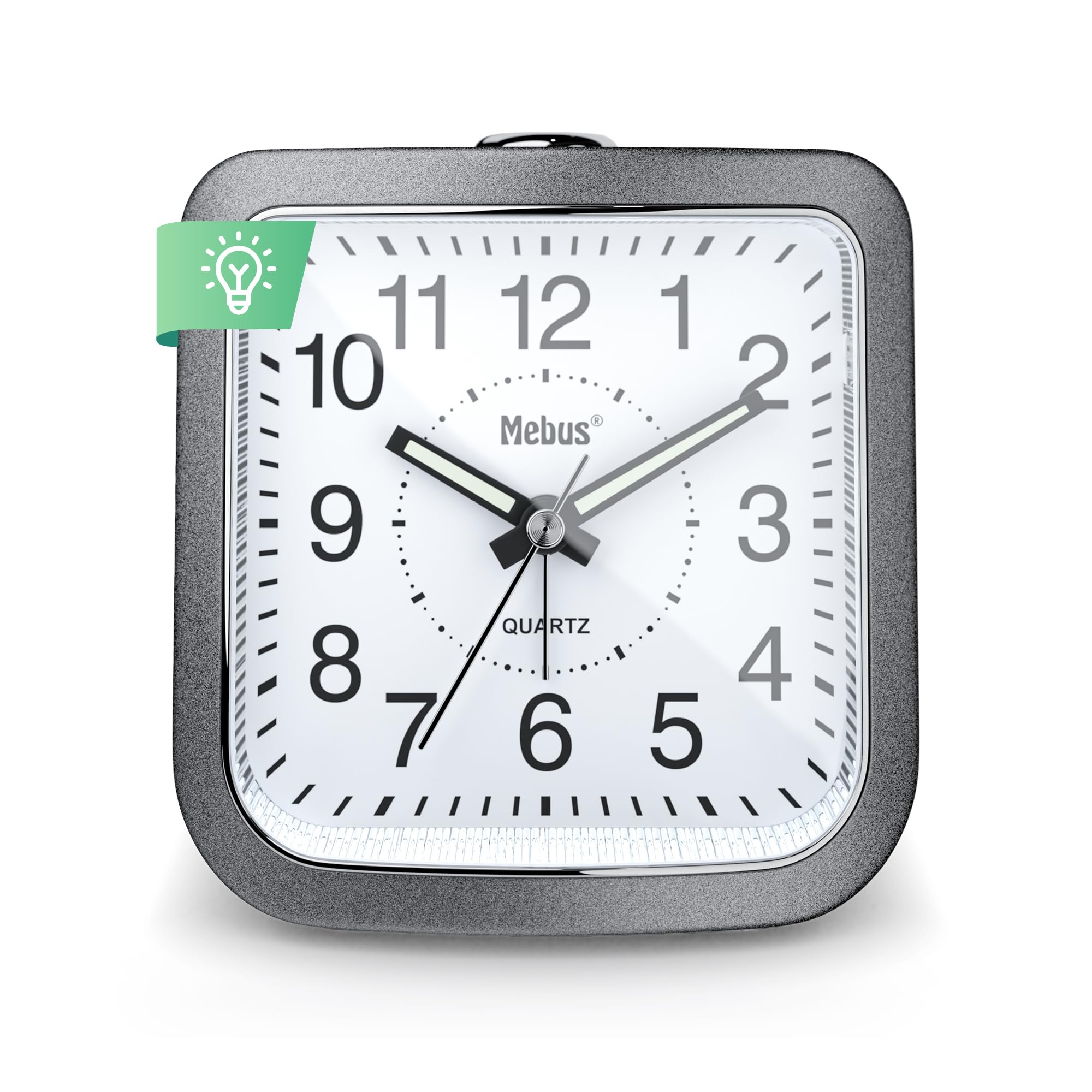 Mebus 56988 Quartz Alarm Clock, Silent Non-Ticking Luminous Hands, Repeat Alarm with Snooze, Dial Illumination at the Touch of a Button, Colour: Grey/Silver