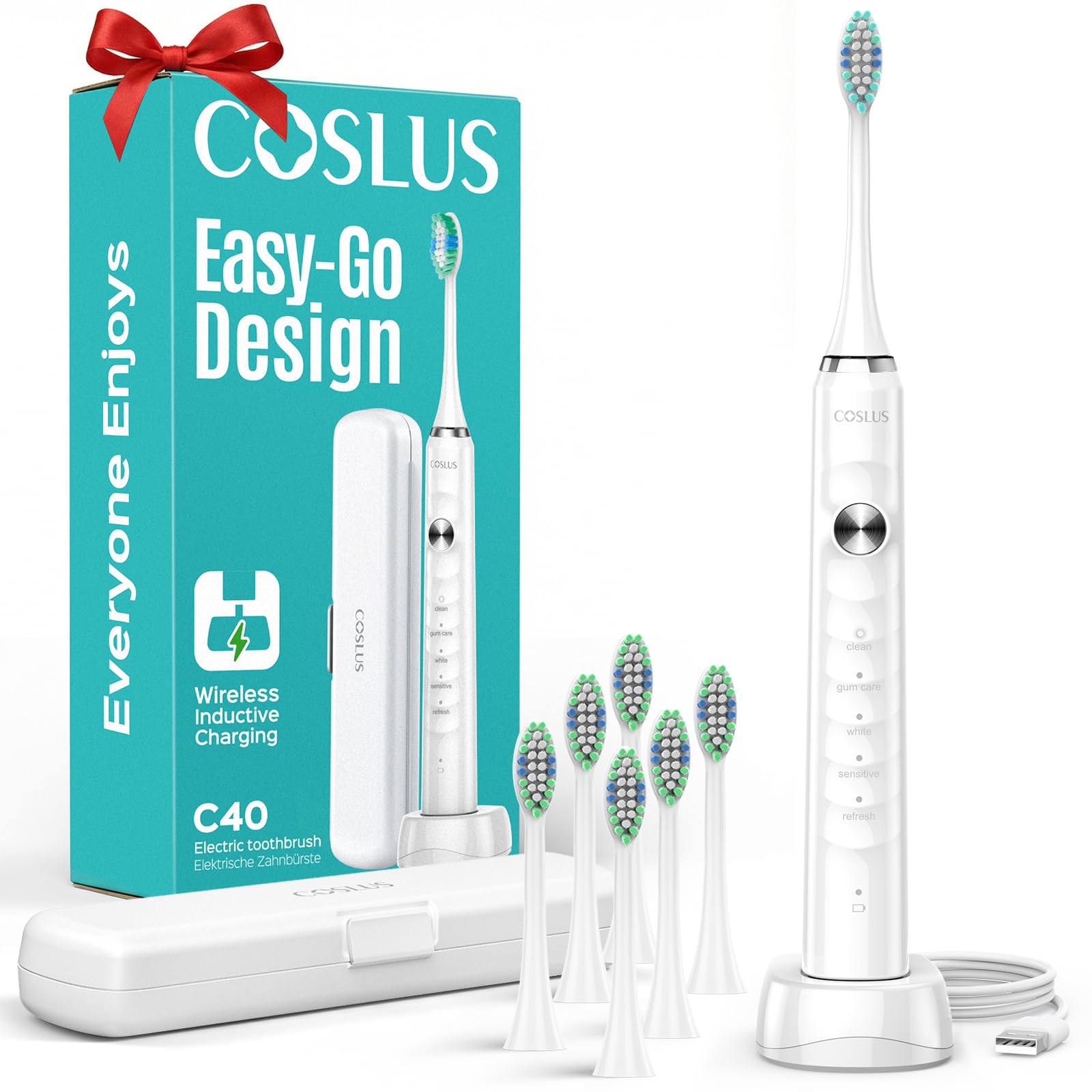 COSLUS Sonic Electric Toothbrush for Kids & Adults: 47000 VPM for Deep Cleaning & Whitening with Travel Case - 5 Modes for Sensitive Teeth & Braces, Wireless Charging, 6 Brush Heads for Home Family