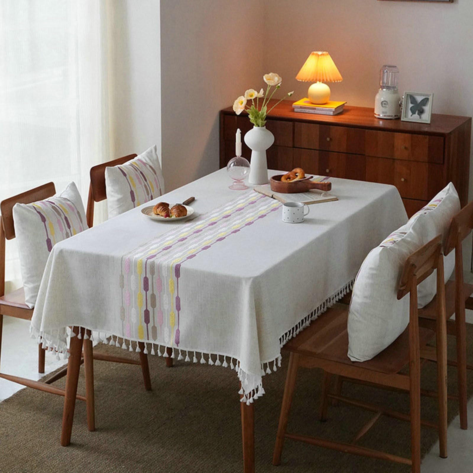 Gualiy Mantel Poliester Rectangular, Mantel Mesa de Comedor 140x200CM Manteles de Mesa Antimanchas Patrón Geométrico con Borlas Mantel para Mesa Salon, Rosa Morado