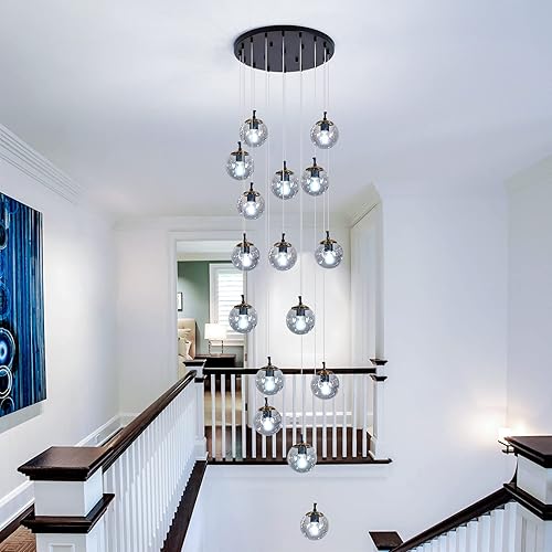Miniatura 5 de SZXYKEJI Candelabro de 16 Luces Estilo Mediados de Siglo con Globo de Cristal para Escalera, Accesorio de Lámpara Colgante Larga, Candelabros
