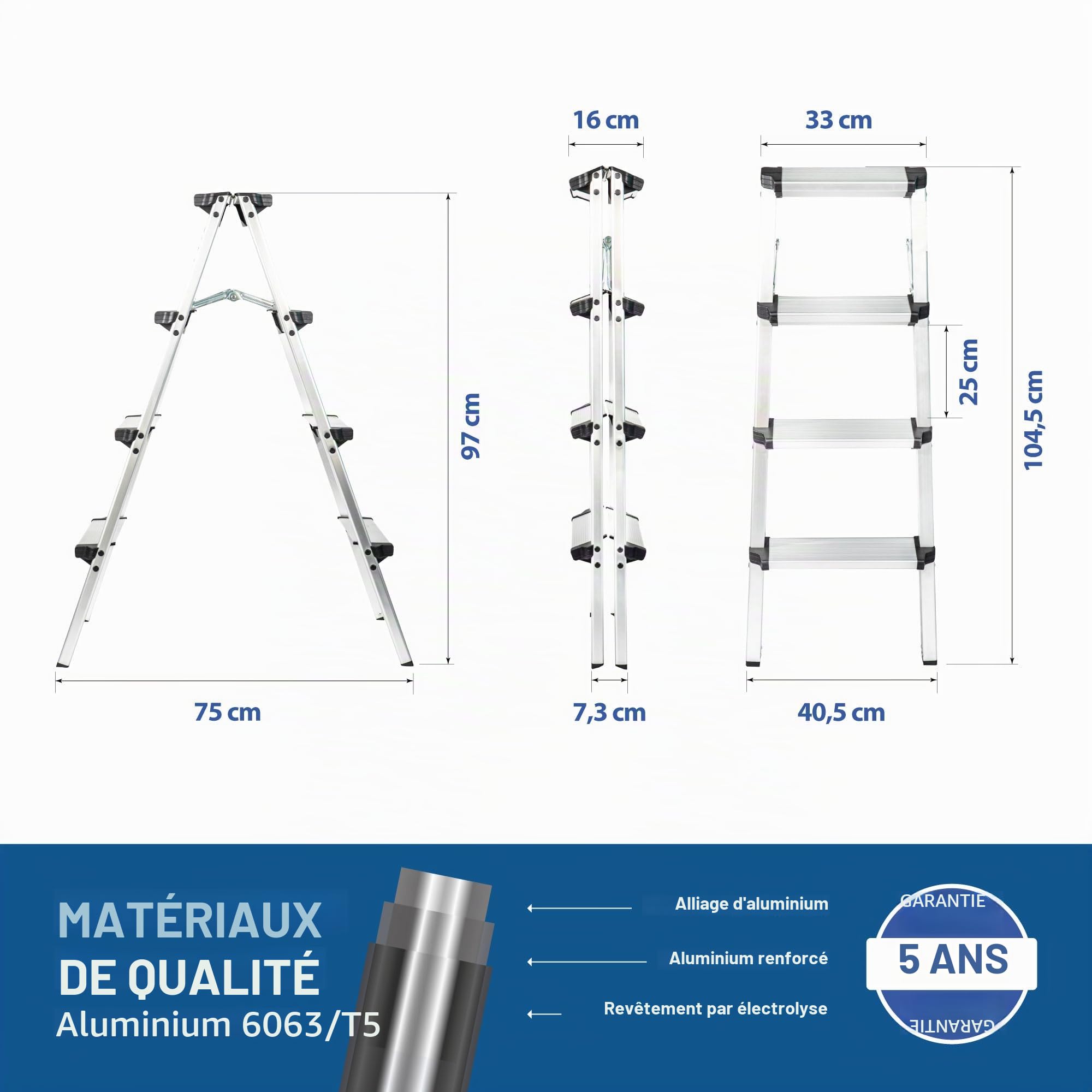 HOSTRÖM Escabeau Marche Pied 4 marches HOMILIX4, Petit escabeau Pliable, Aluminium, Design Compact et Robuste, H Max Travail 2,59m, 5 Ans Garantie