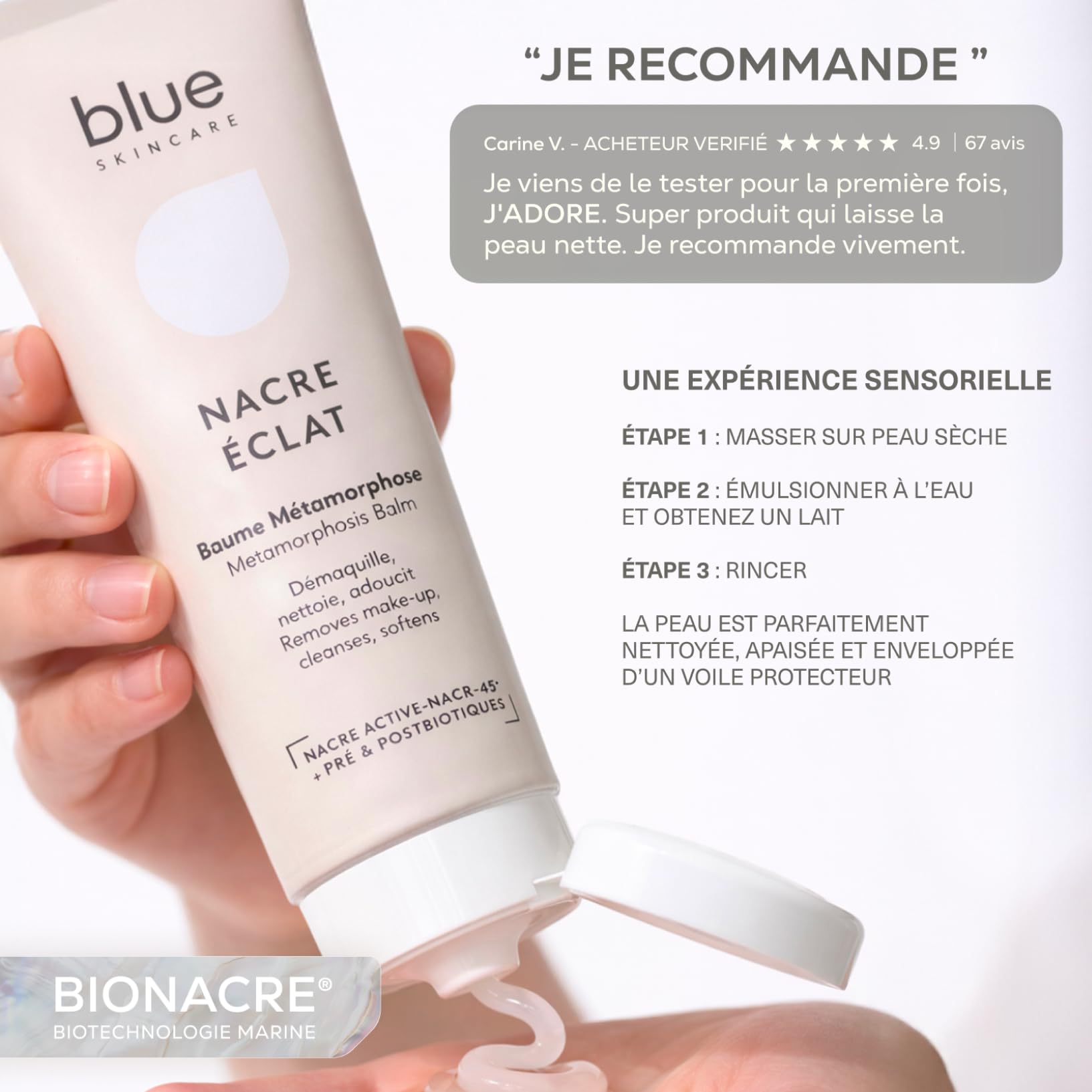 Baume Métamorphose | Nacre Éclat | Démaquillant & Nettoyant Visage Texture Gel D-Phase Transformante | BIONACRE®, Pré & Postbiotiques | Testé Dermatologiquement | 125 ml